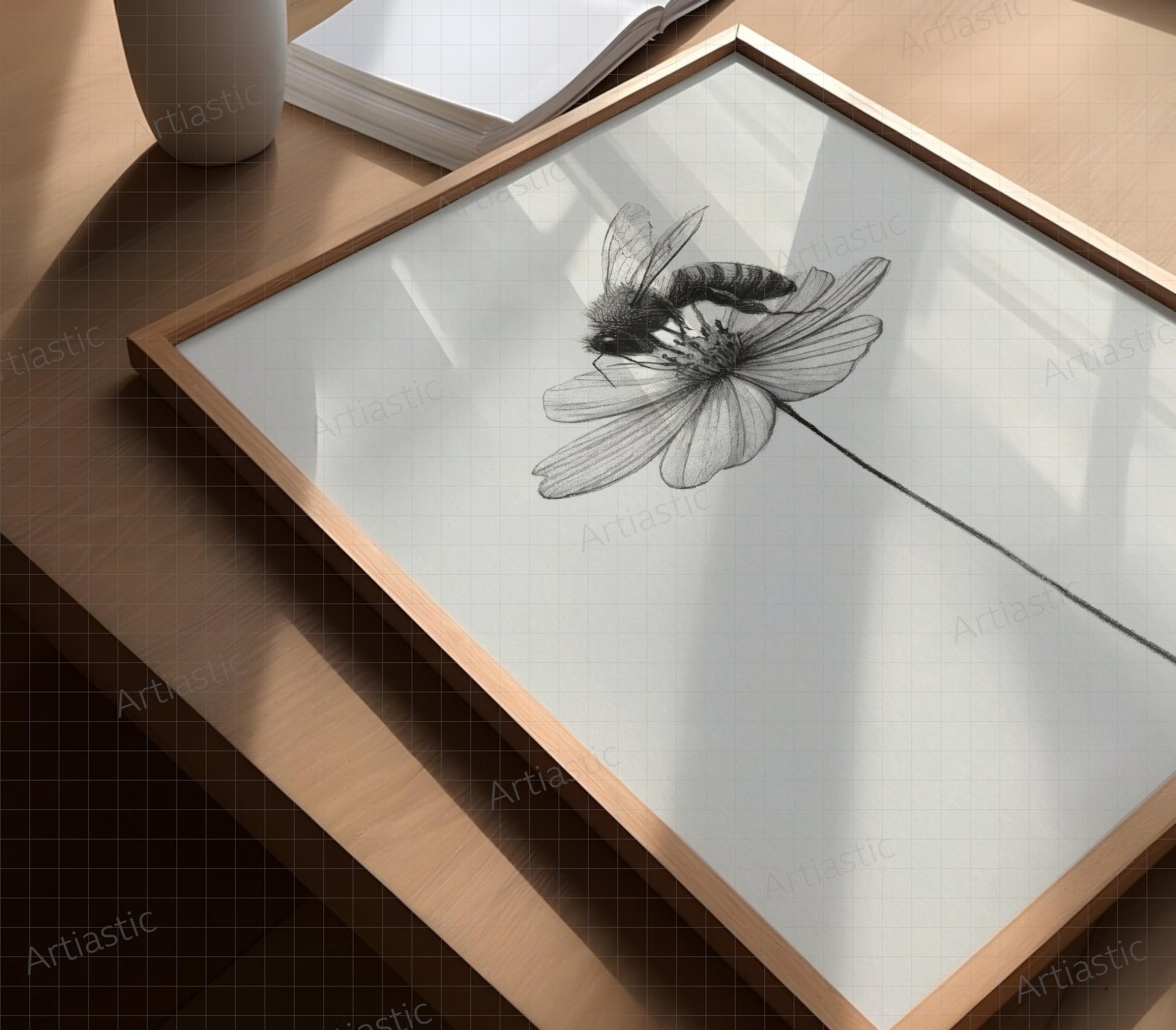 bee flower artwork charcoal art