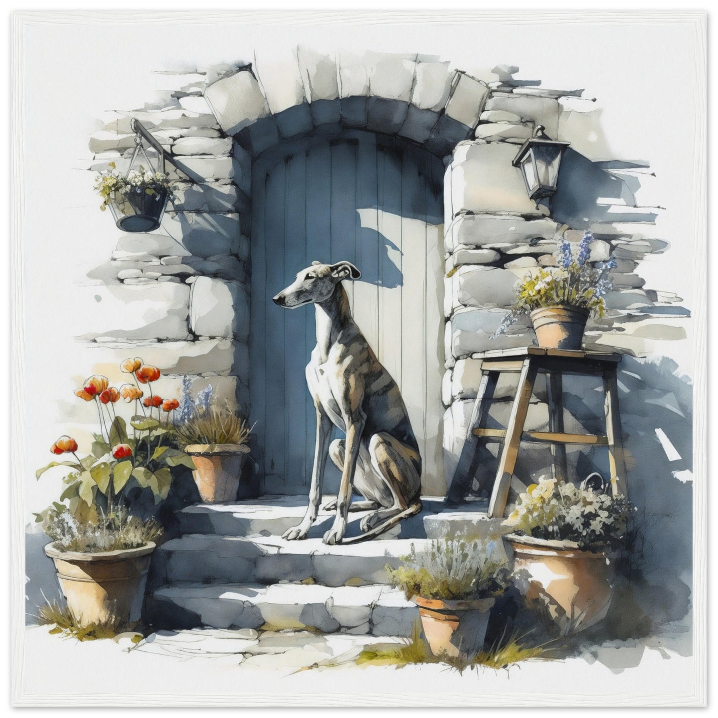 greyhound digital watercolor wall art white framed print