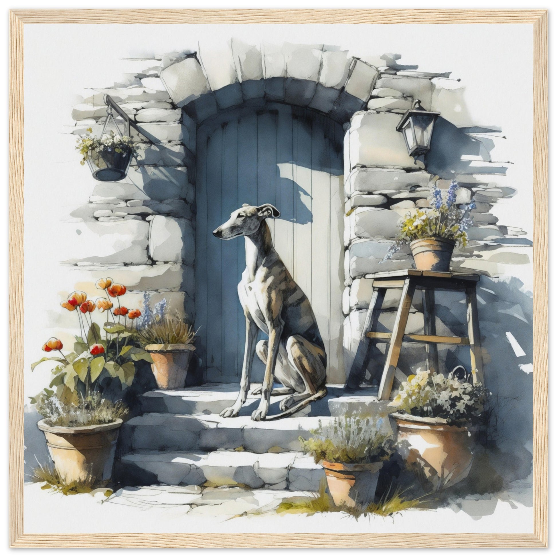 greyhound digital watercolor wall art print wood frame