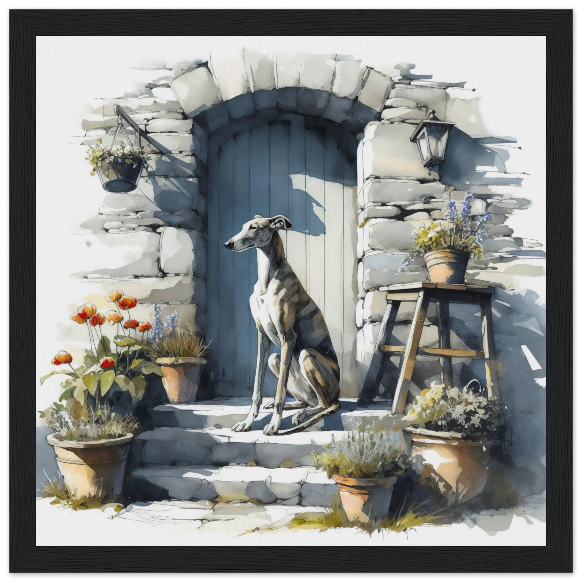 greyhound digital watercolor wall art black framed print