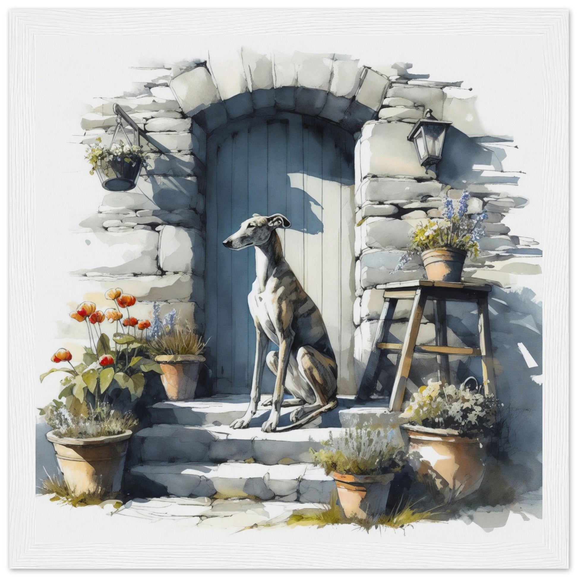 greyhound digital watercolor wall art white framed print