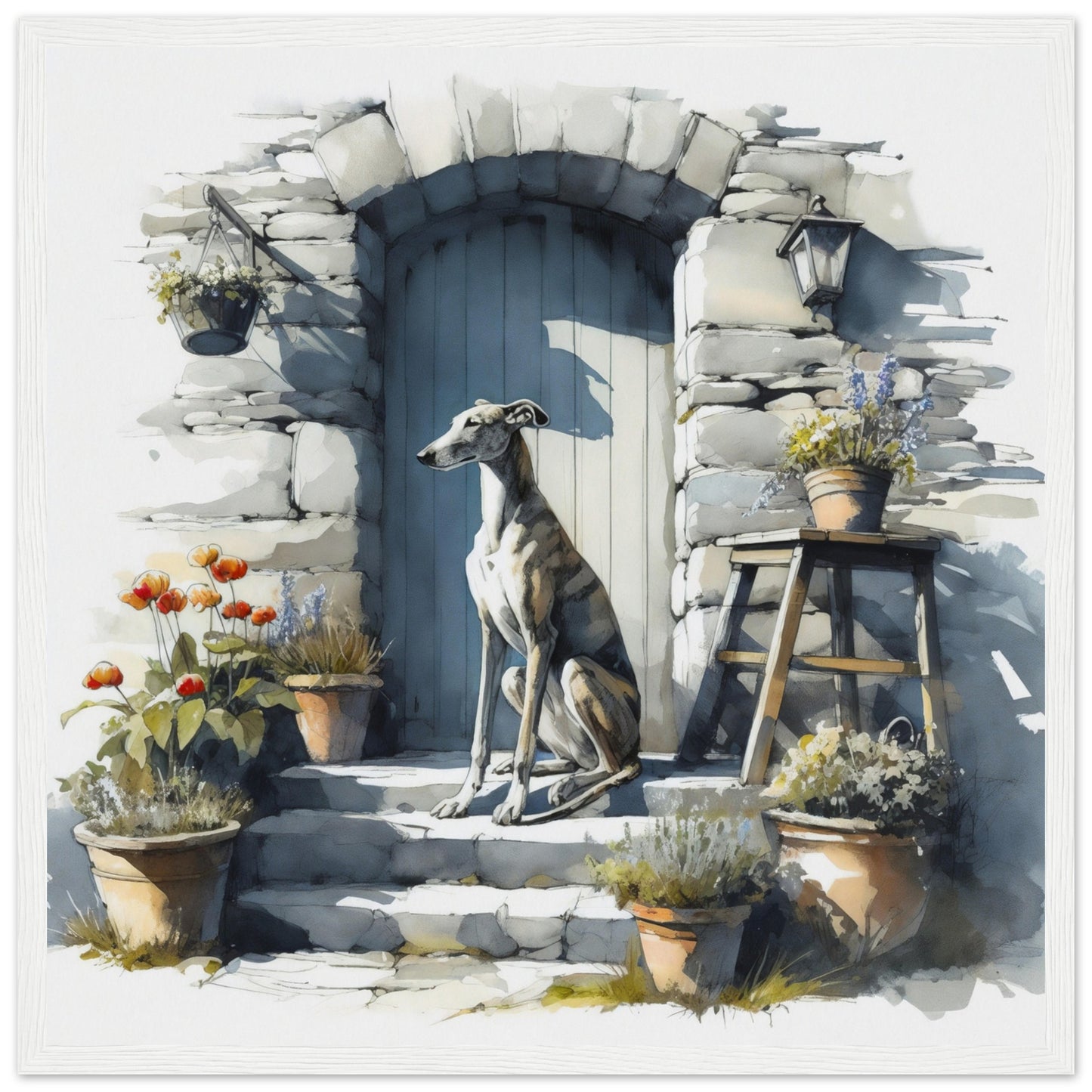 greyhound digital watercolor wall art print white frame