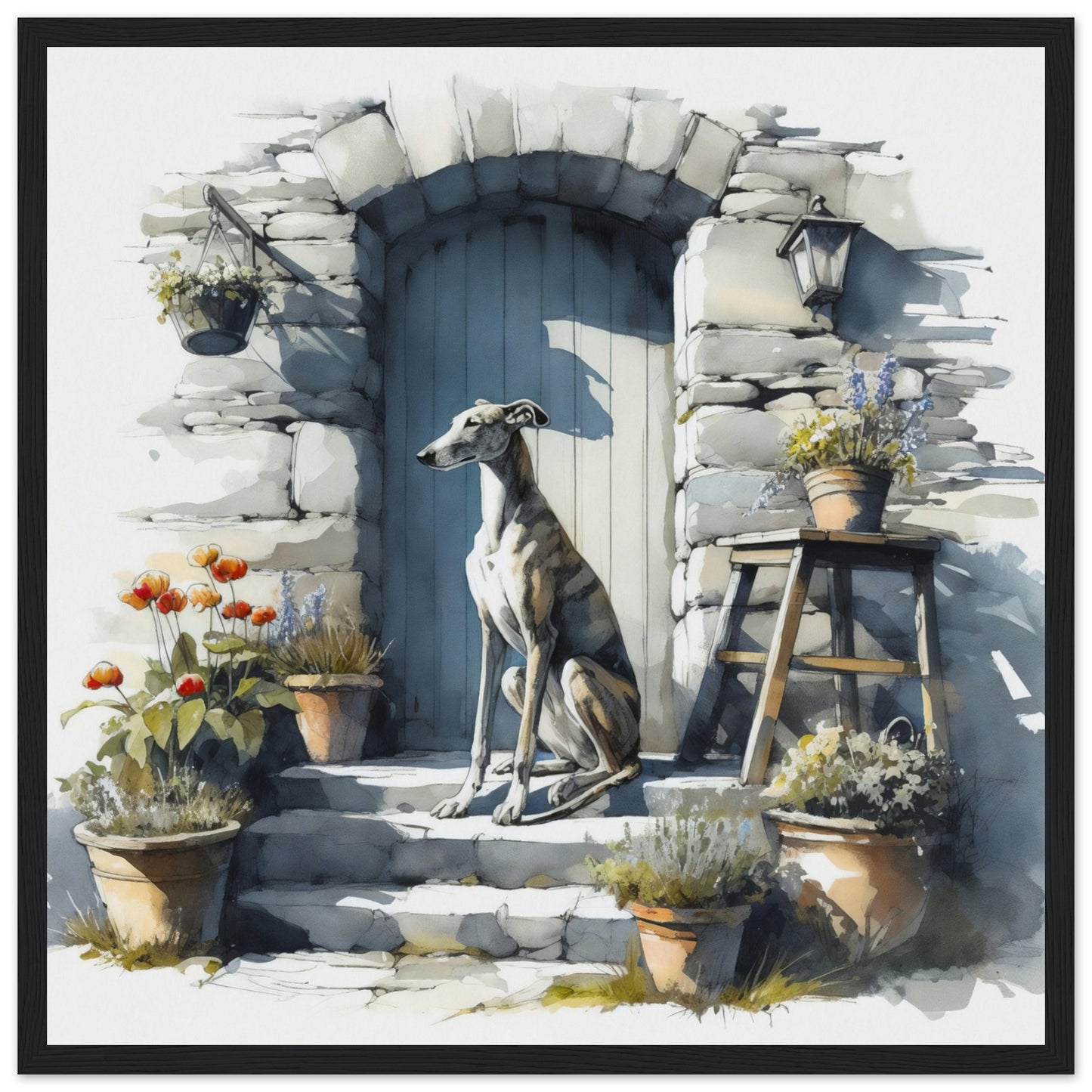 greyhound digital watercolor wall art black framed print