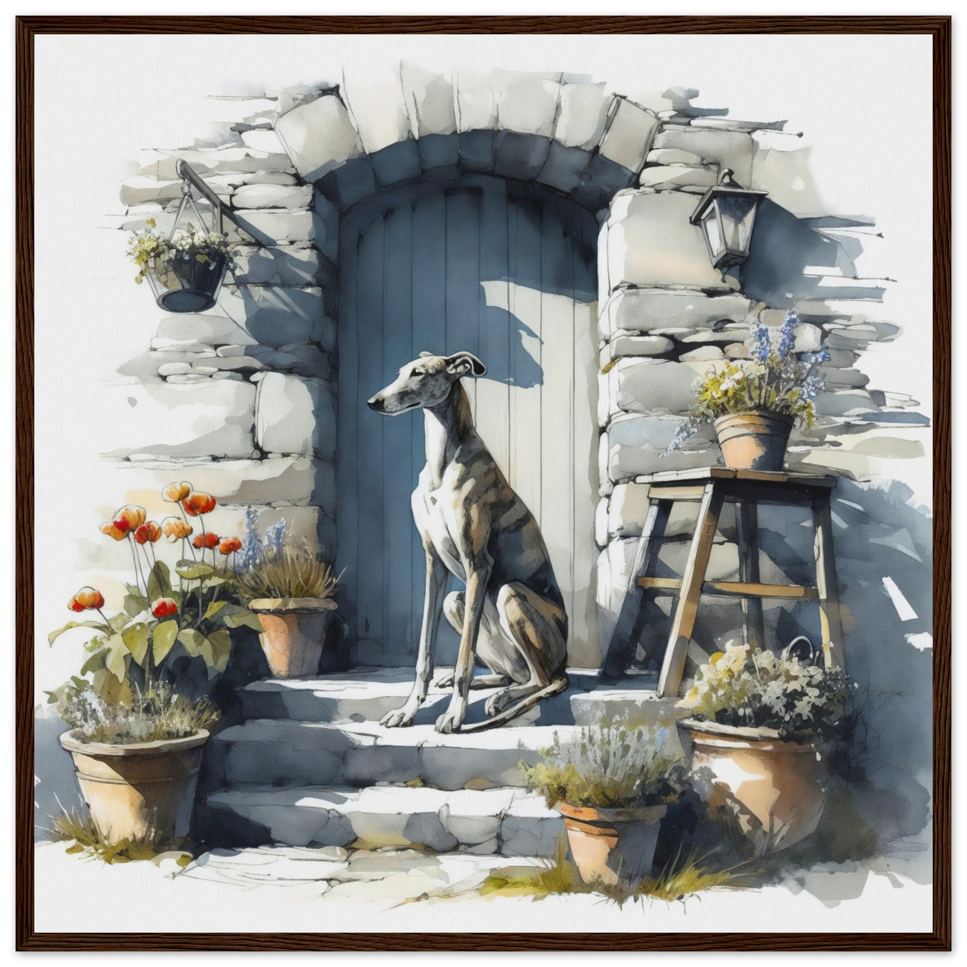 greyhound digital watercolor wall art dark wood framed print