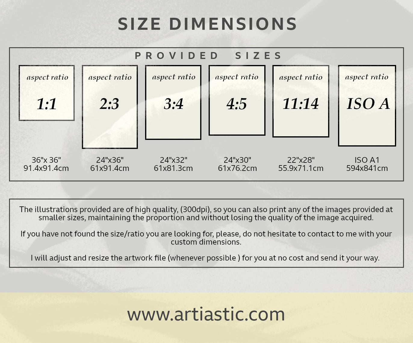 artiastic size dimensions