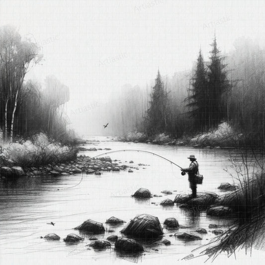 printable charcoal drawing fisherman on the river