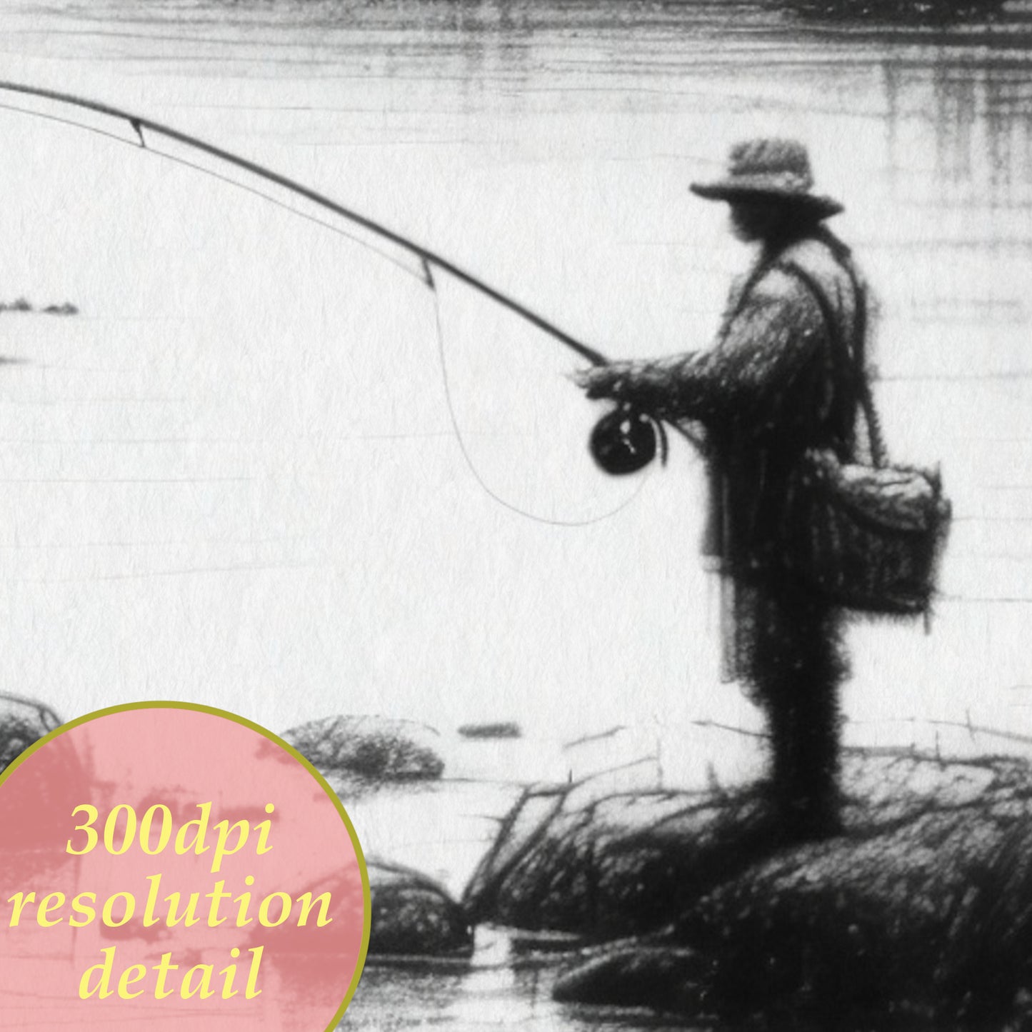 printable charcoal drawing fisherman on the river detail