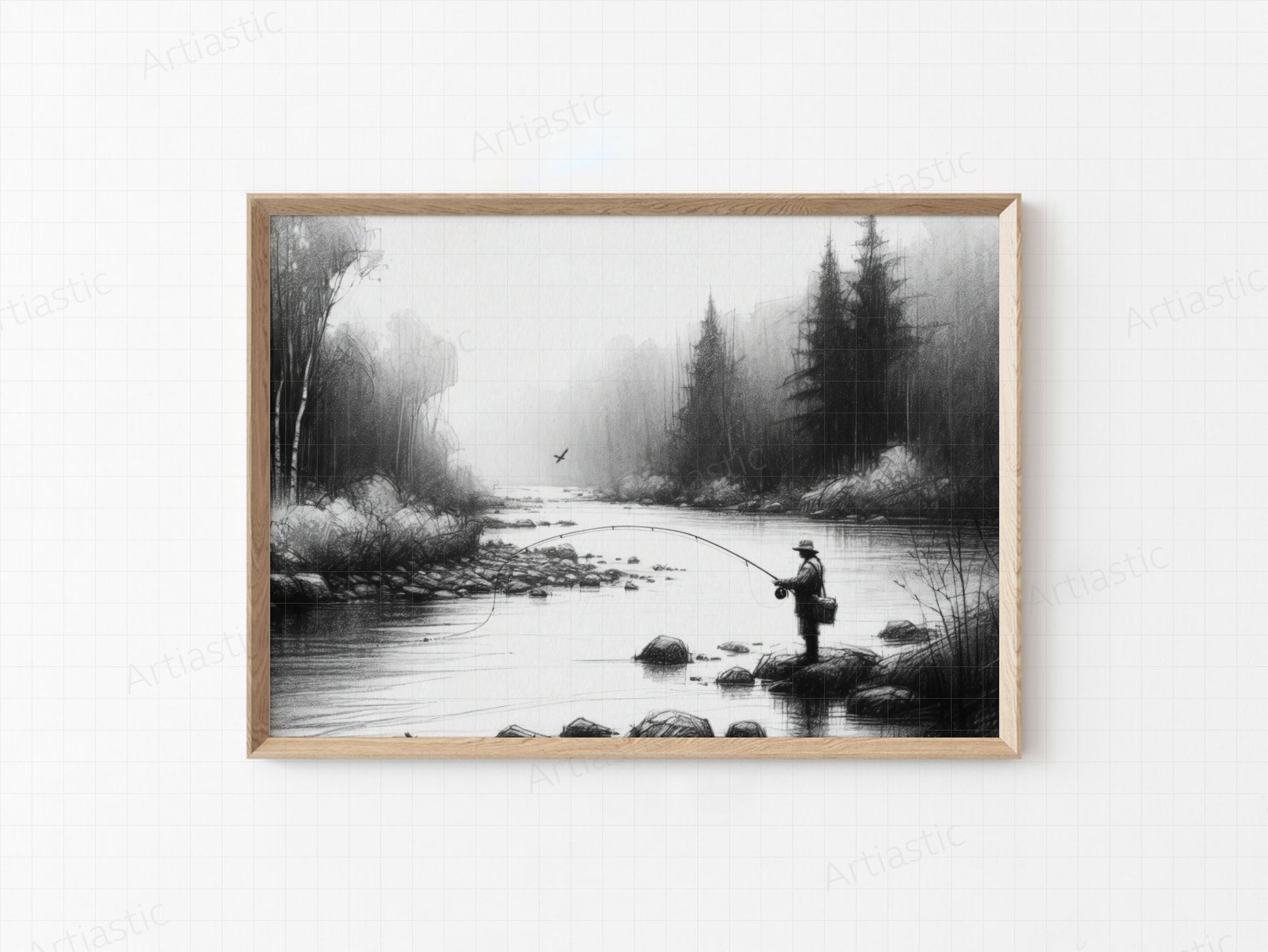 printable charcoal drawing fly fisherman on the river