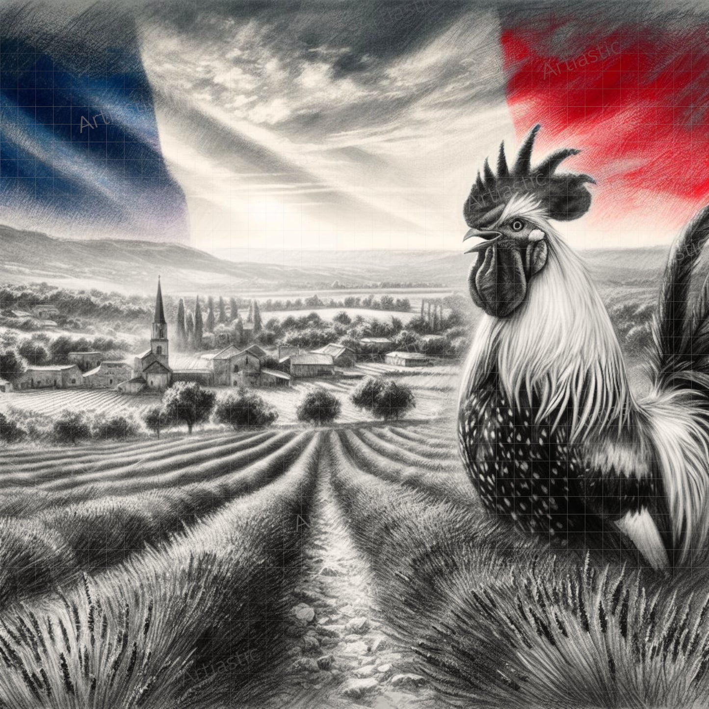 Bandera francesa y gallo galo