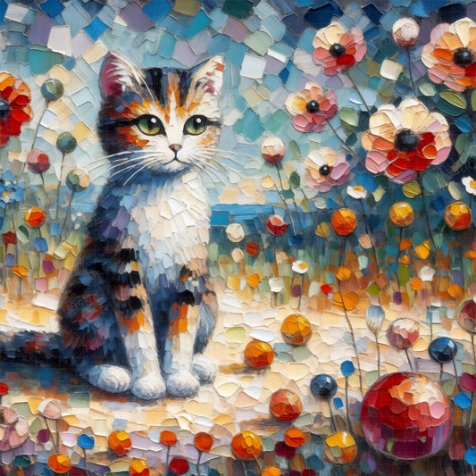 Cat and flowers naîve impressionism art