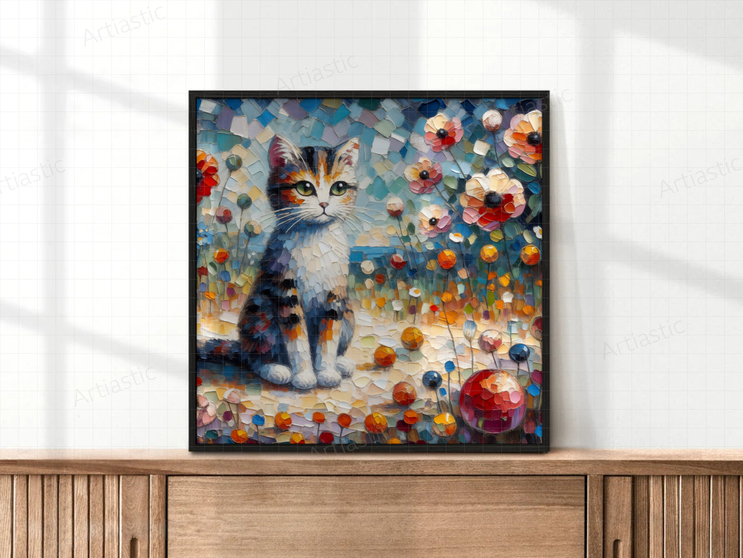 gato en jardin flores pintura digital naive impressionista