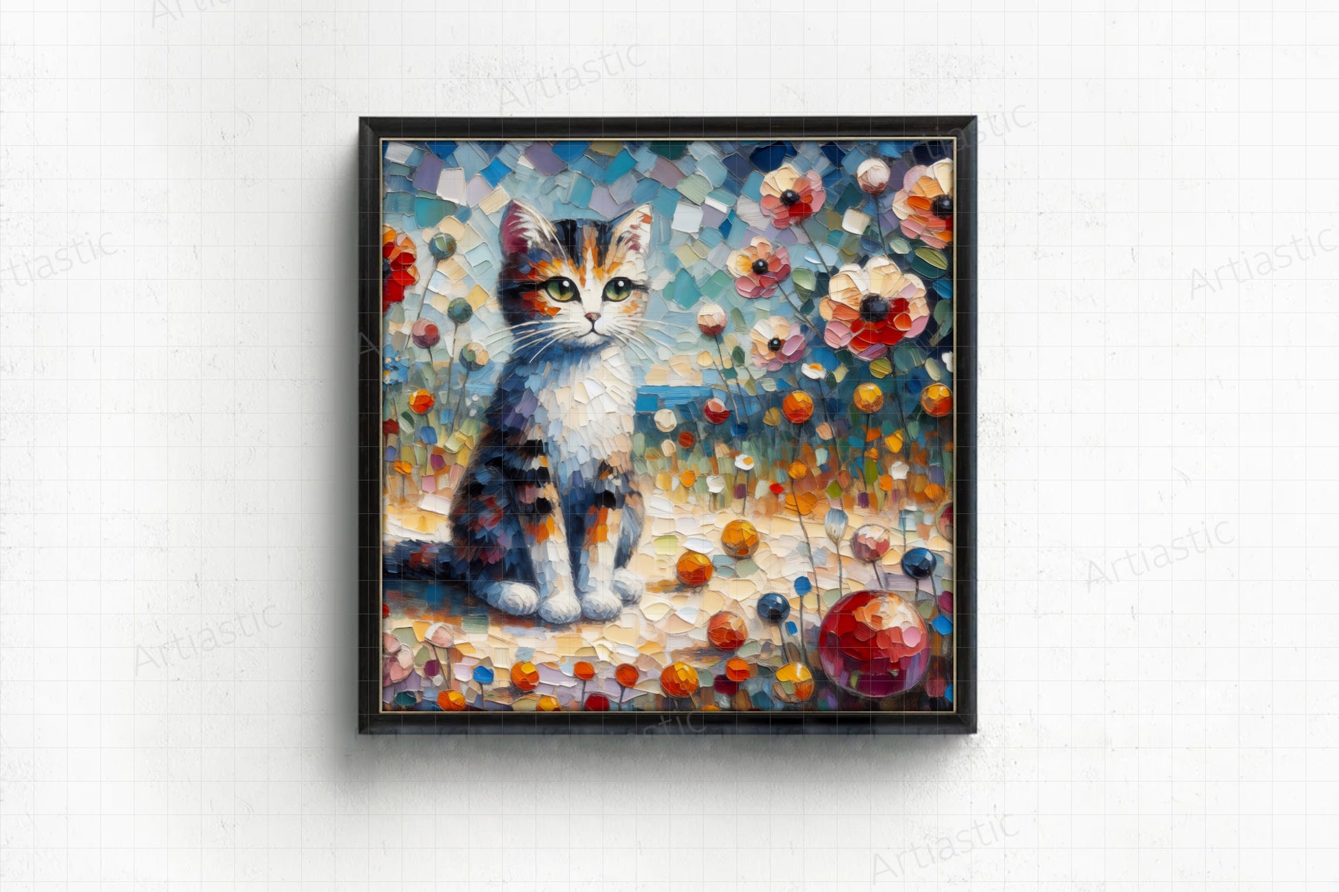 gato en jardin flores pintura digital naive impressionism