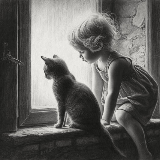 Niña y gato en una ventana. Carboncillo