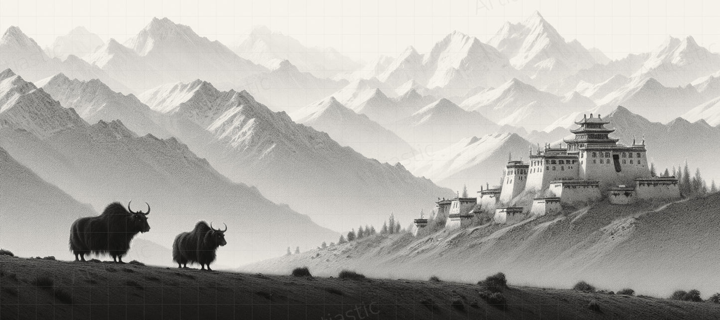 set of 3 digital drawings of a Tibet landscape