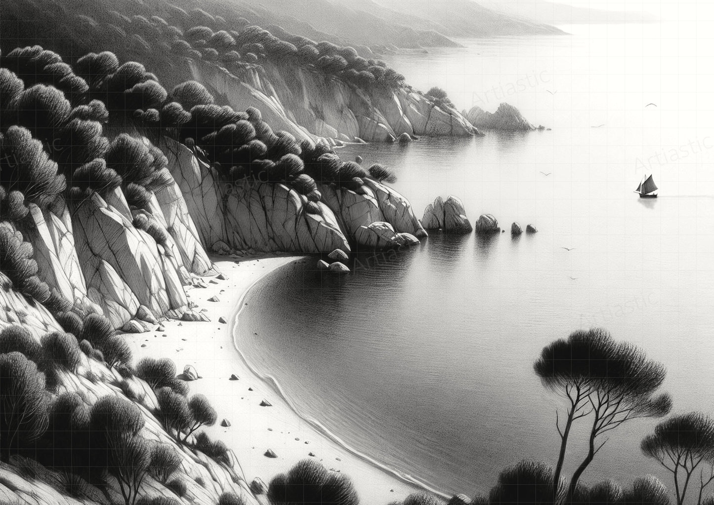 mediterranean coast landscape digital drawing