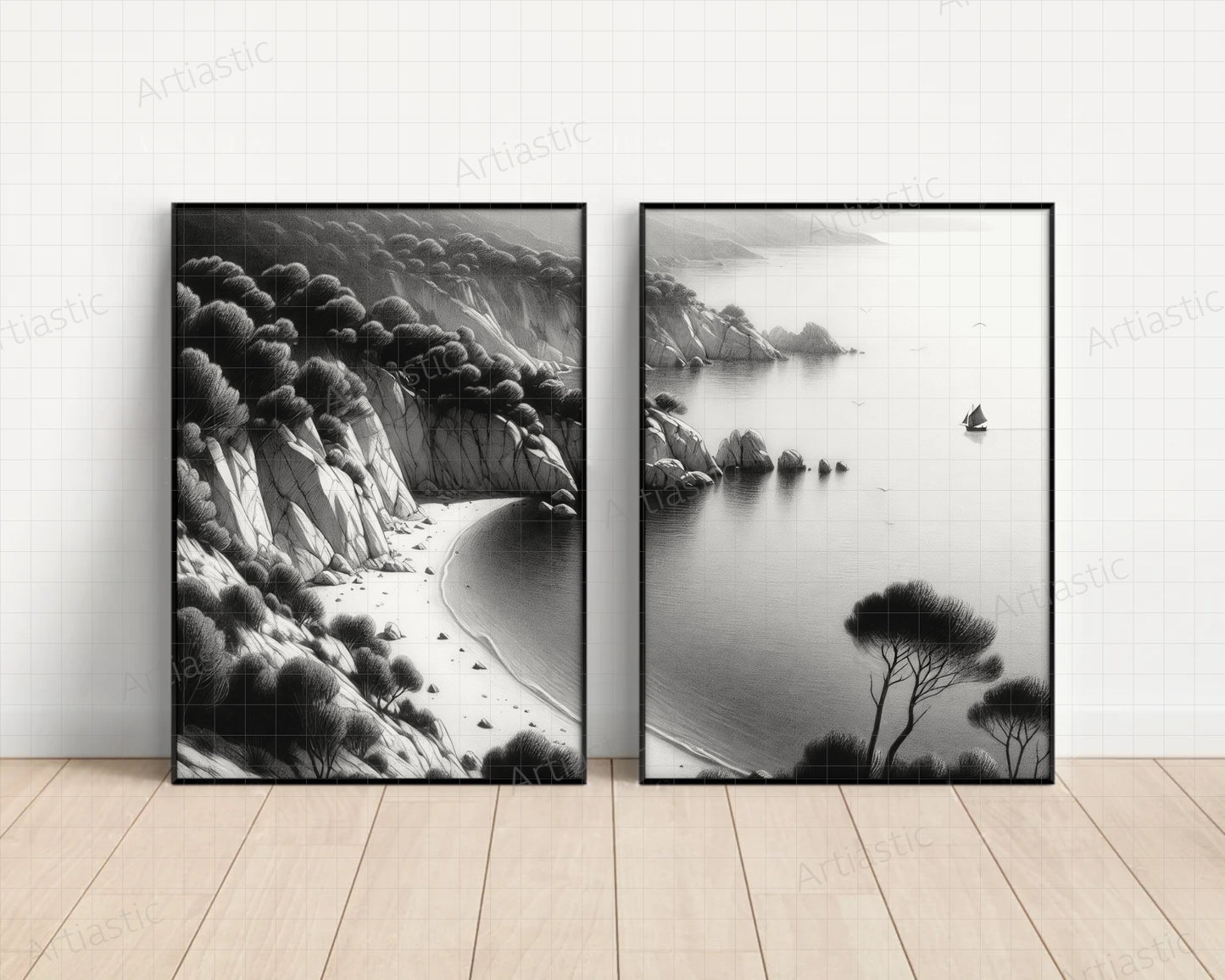 mediterranean coast landscape digital drawing set of 2