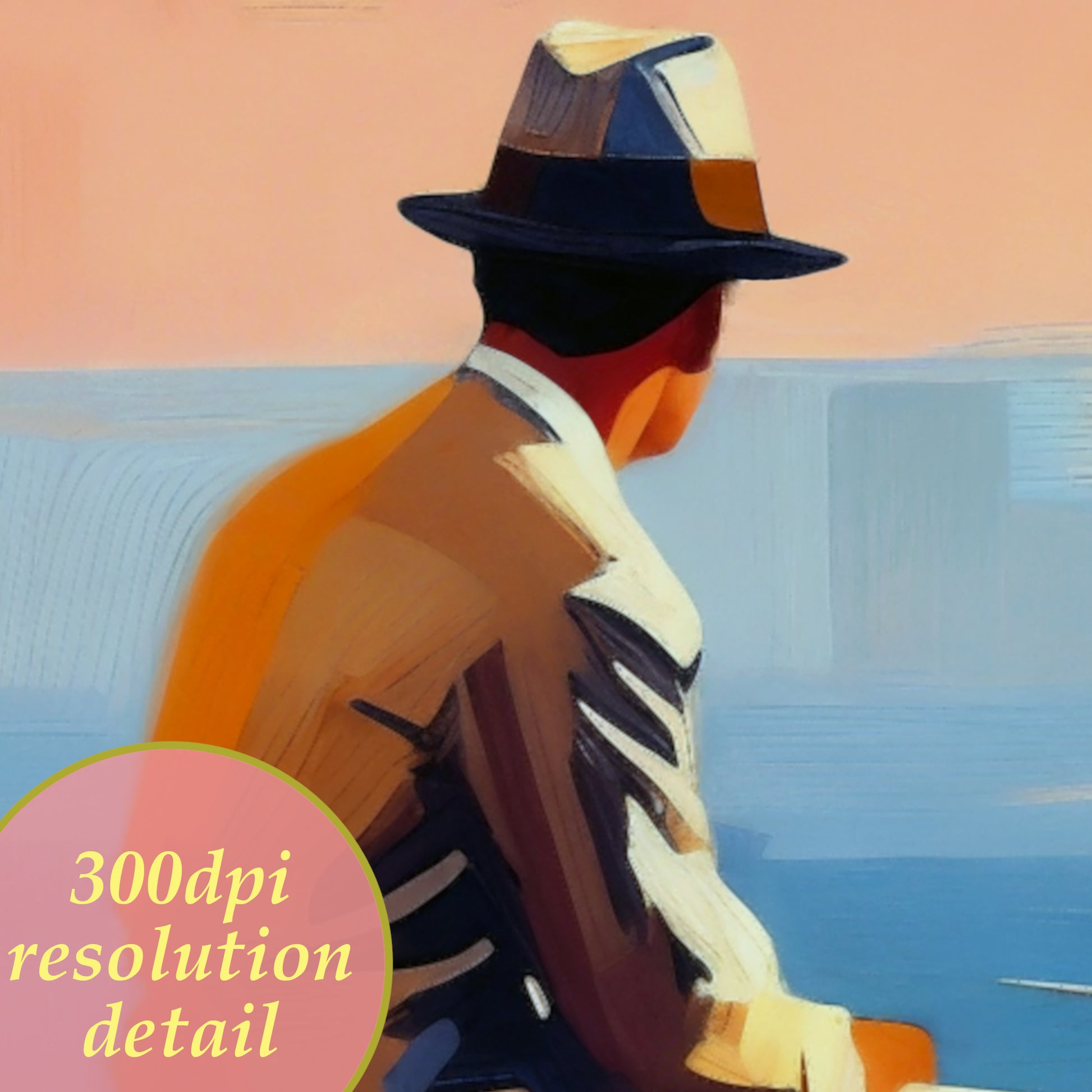 Pintura digital impresionista y ninimalista de hombre misterioso al atardecer