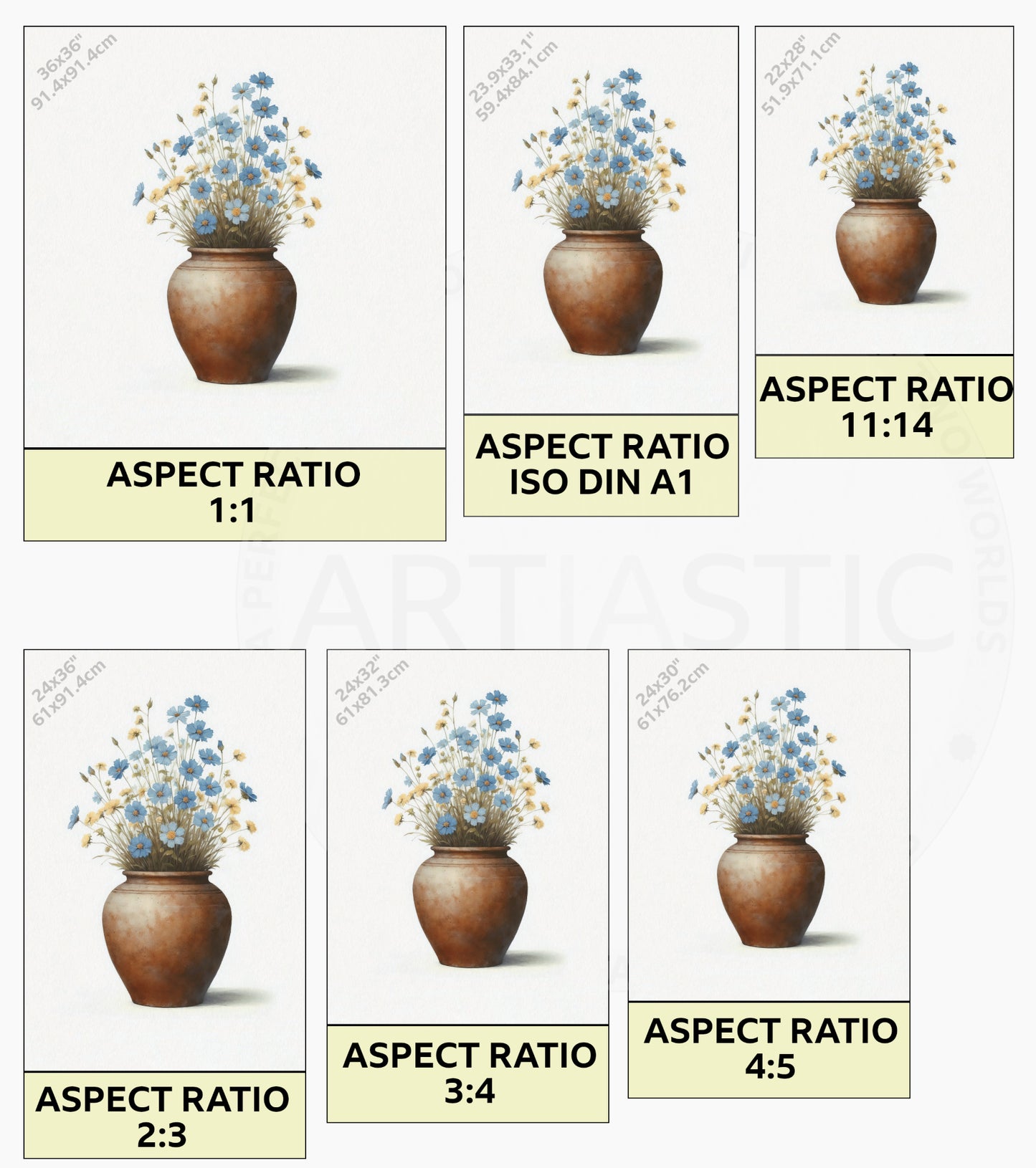 dibujo acuarela de maceta con flores azules y amarillas ratios