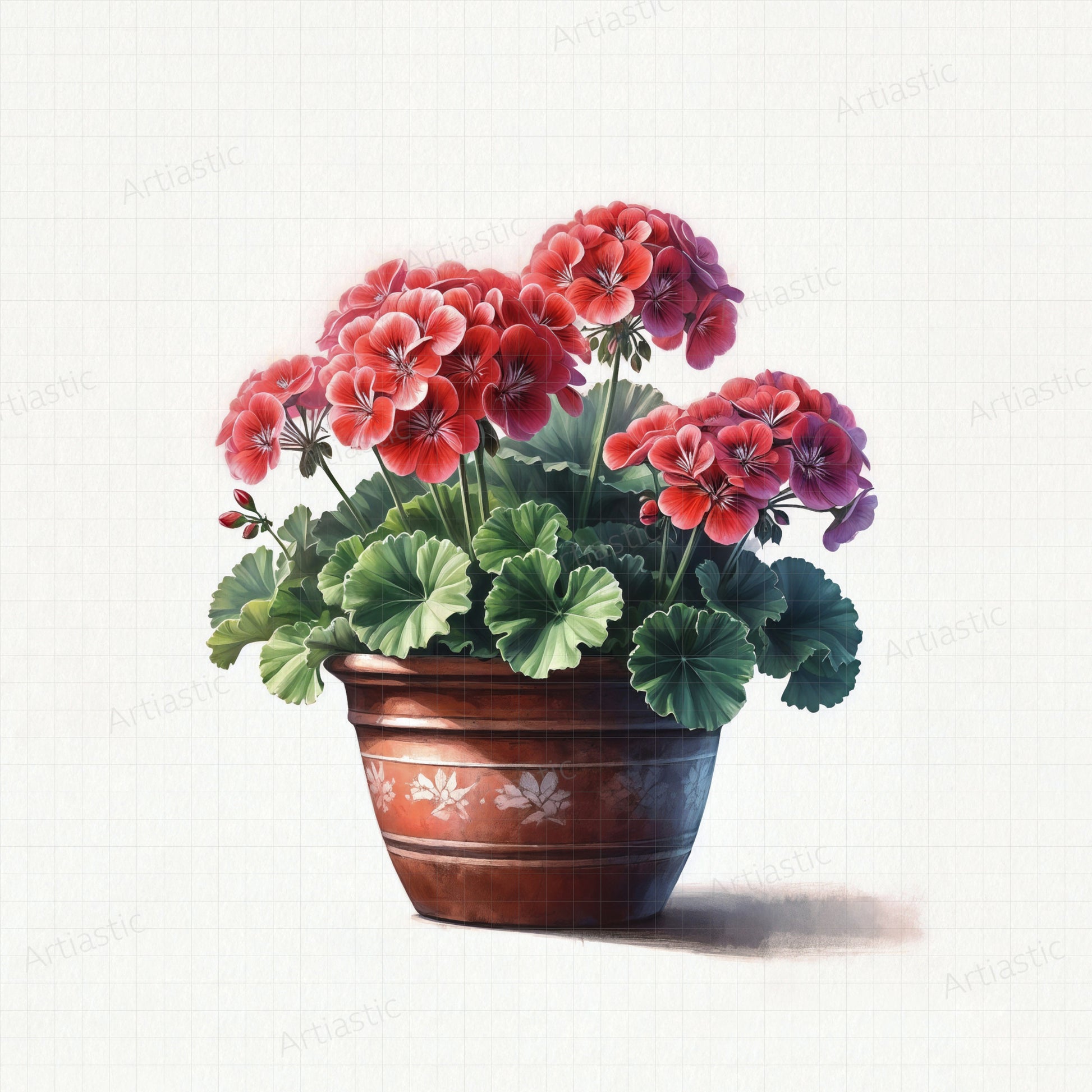 watercolor drawing of red flowers in a pot