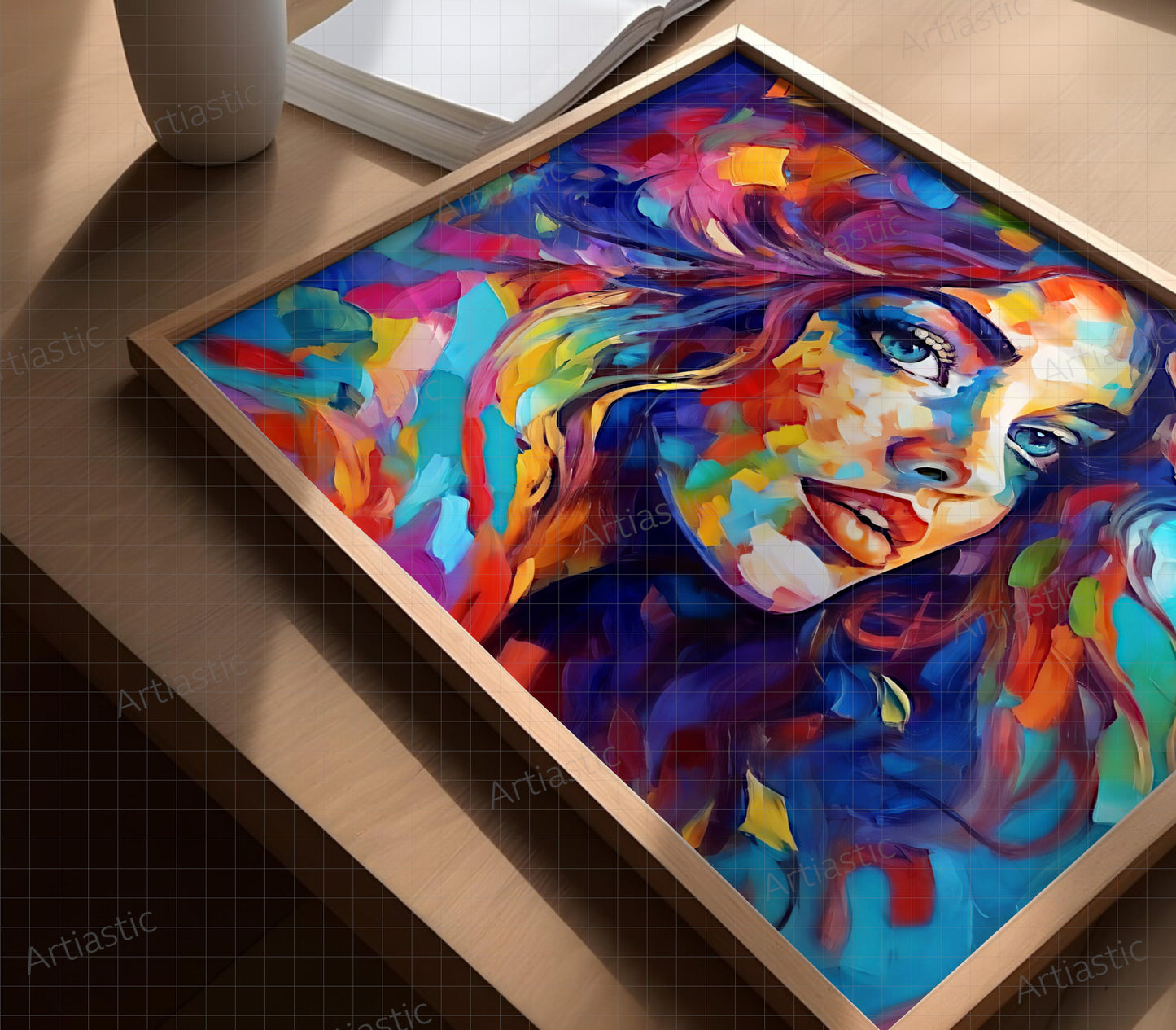 drawing of a psychedelic girl impresionism style framed