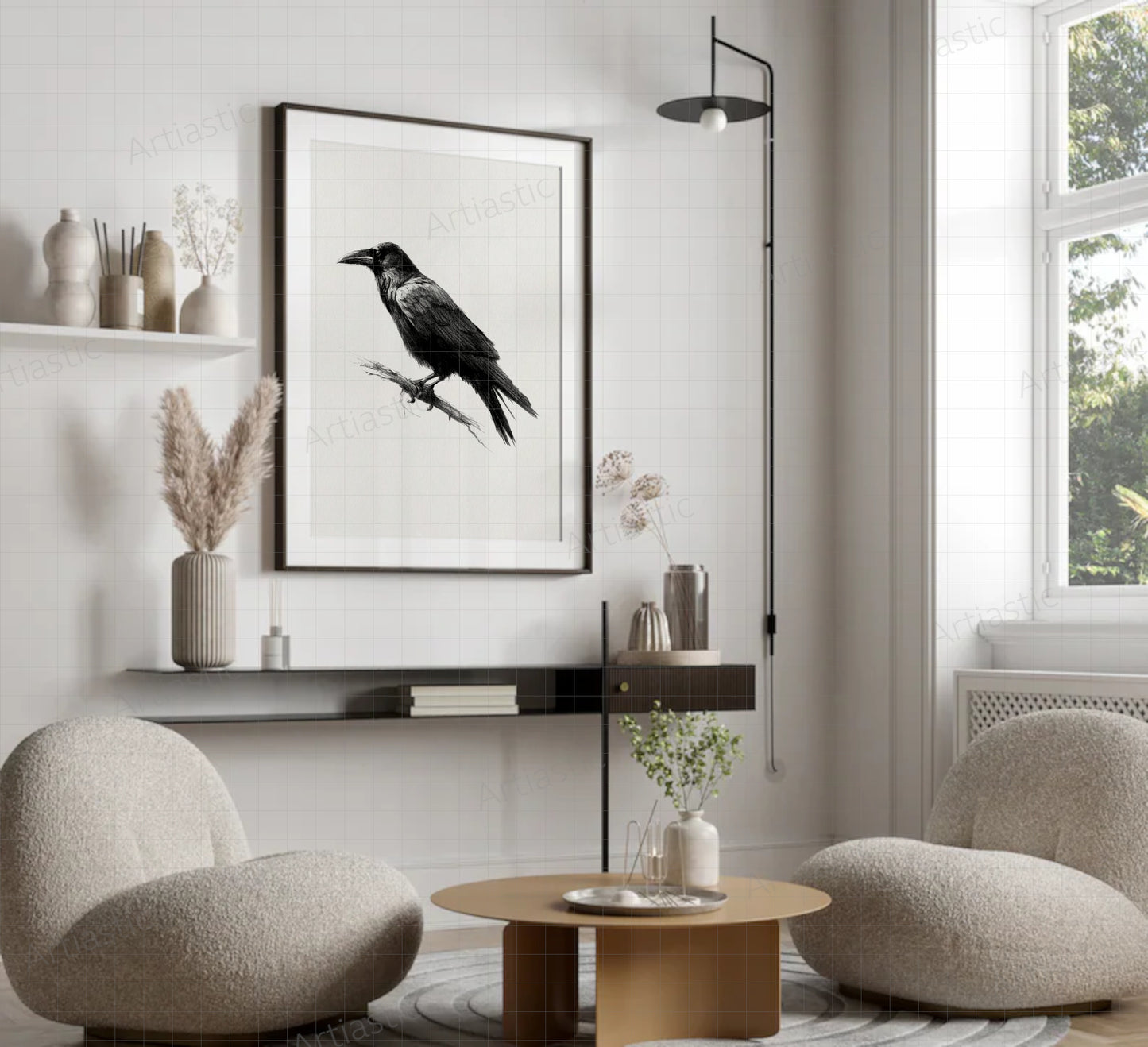 printable ilustration raven charcoal wall art