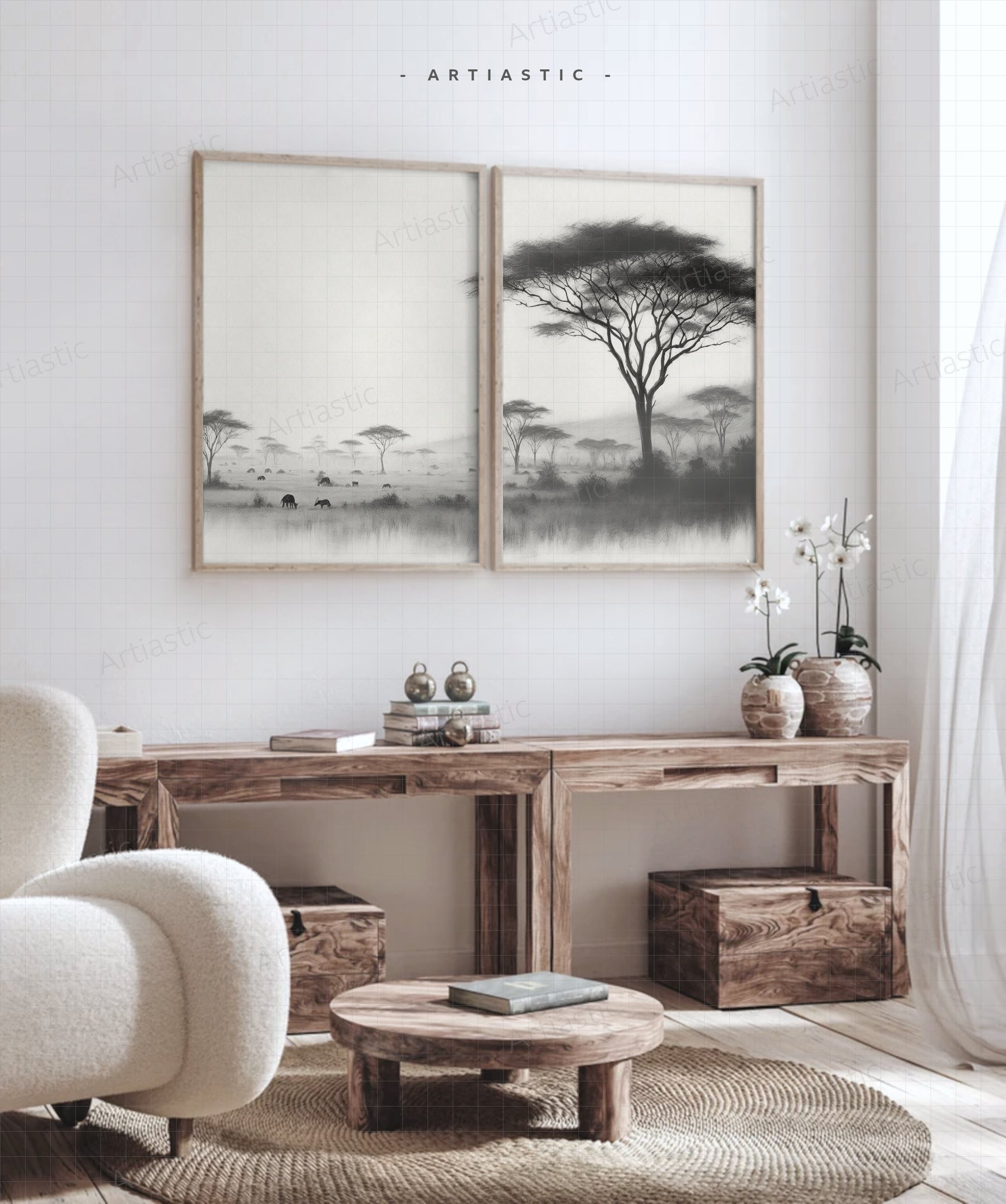 Africa Savanna digital diptych drawing for decoration