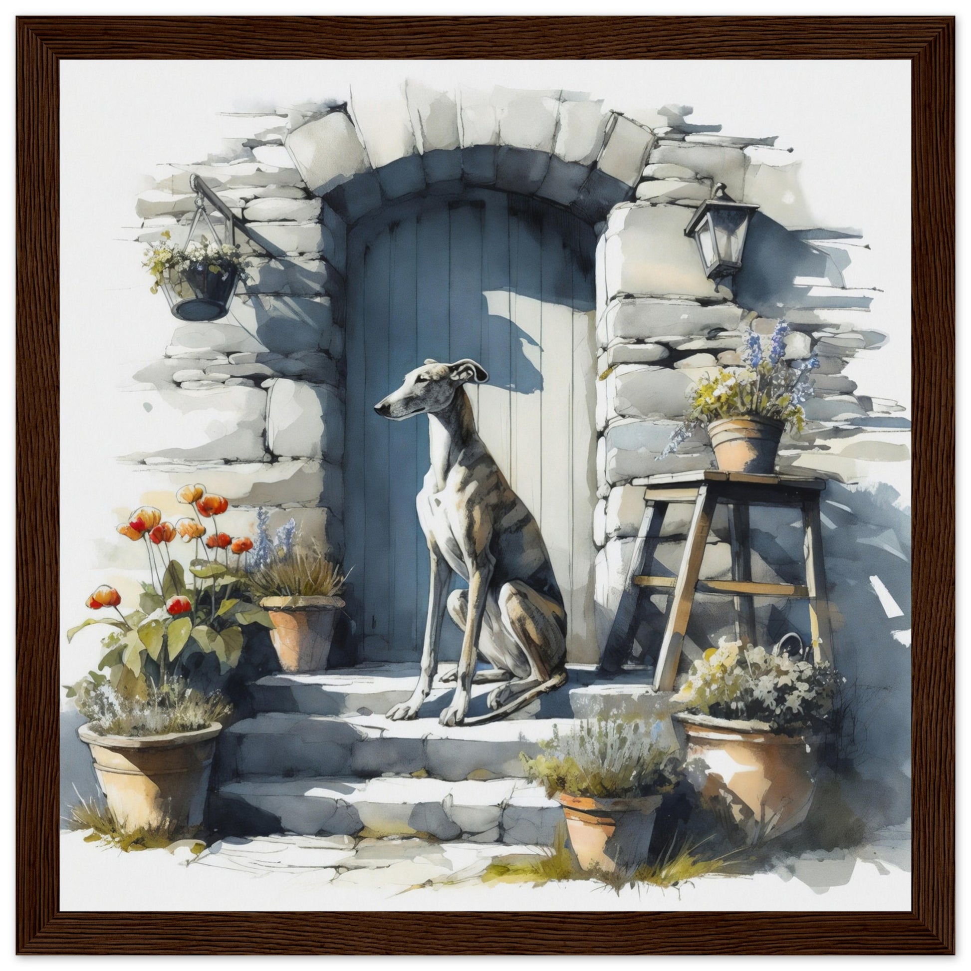 greyhound digital watercolor wall art dark wood framed print