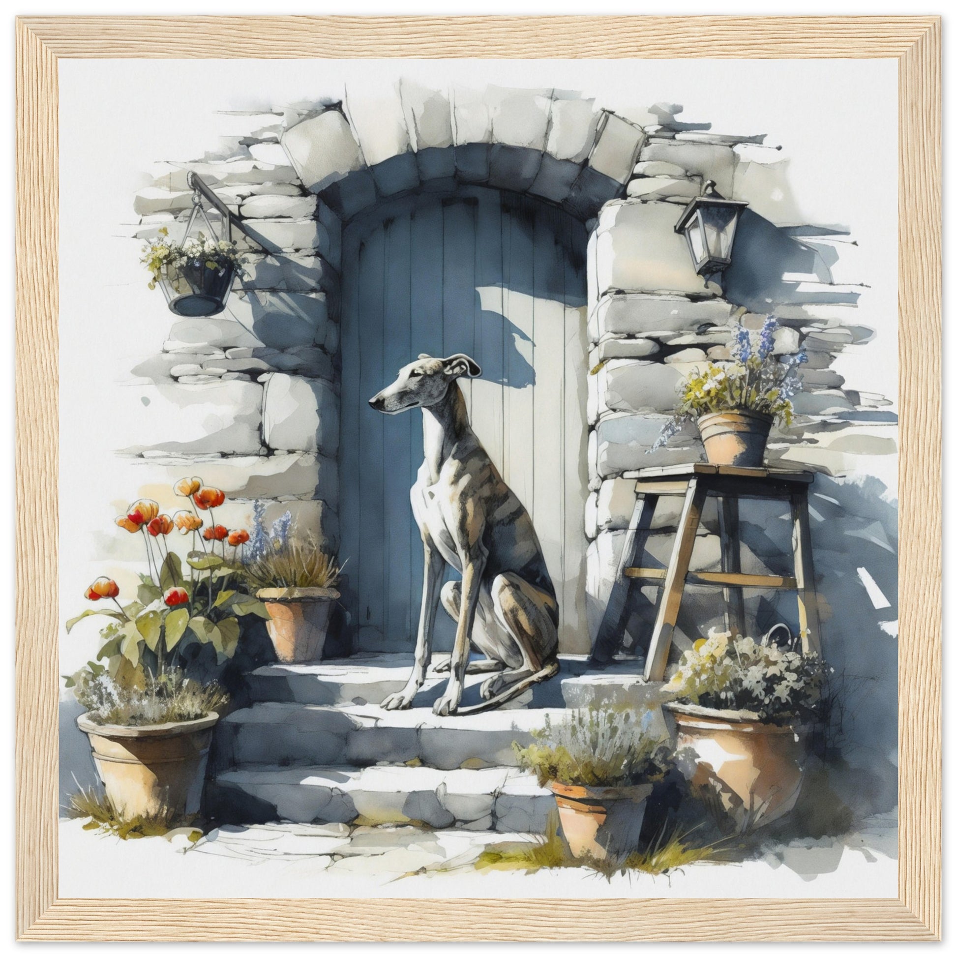 greyhound digital watercolor wall art wood framed print