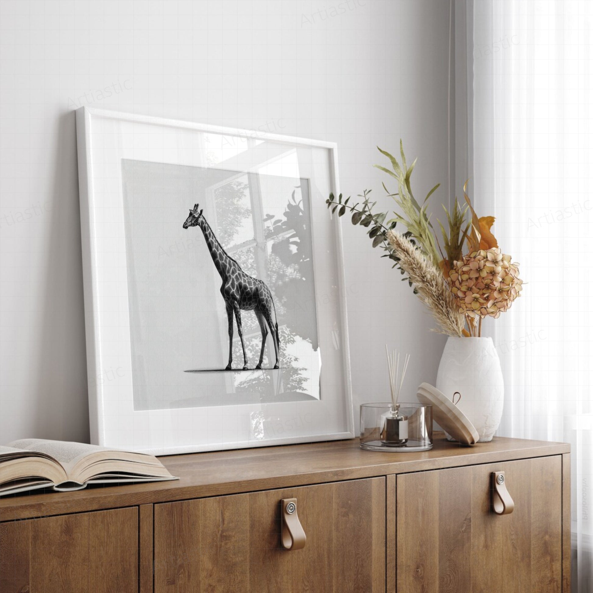 giraffe charcoal printable drawing Africa artwork