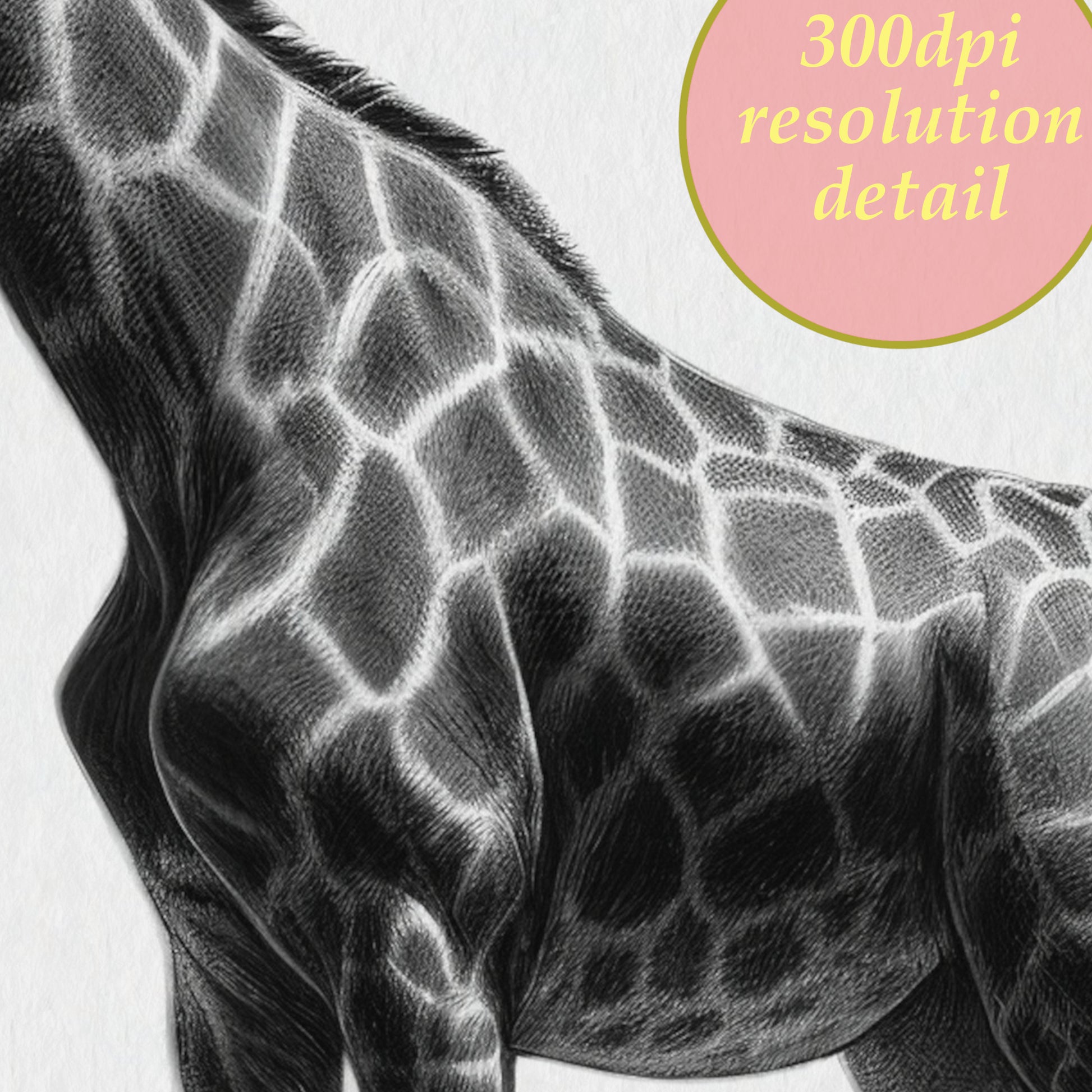 giraffe charcoal printable drawing Africa wall art detail