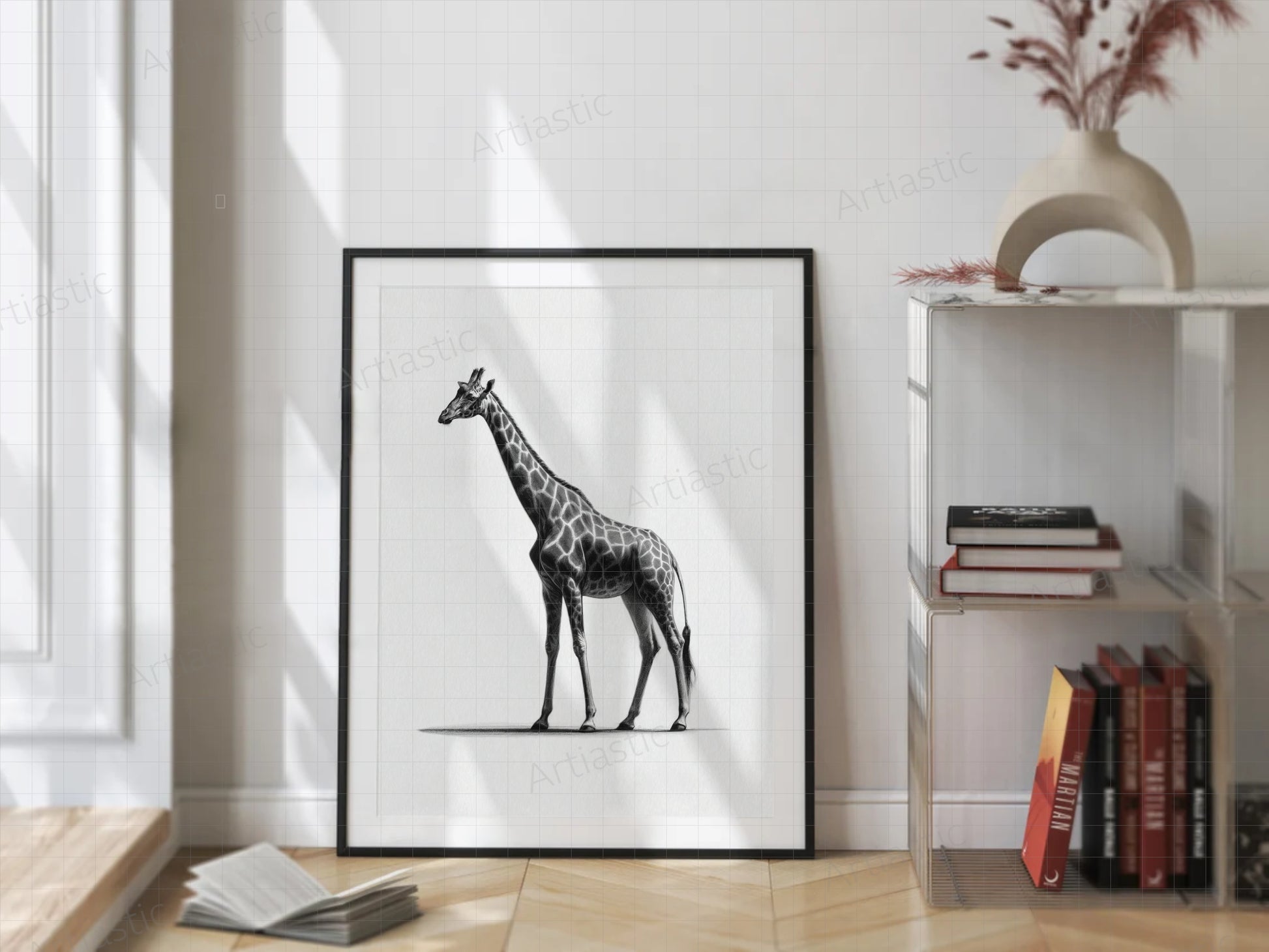 giraffe charcoal printable ilustration Africa wall art