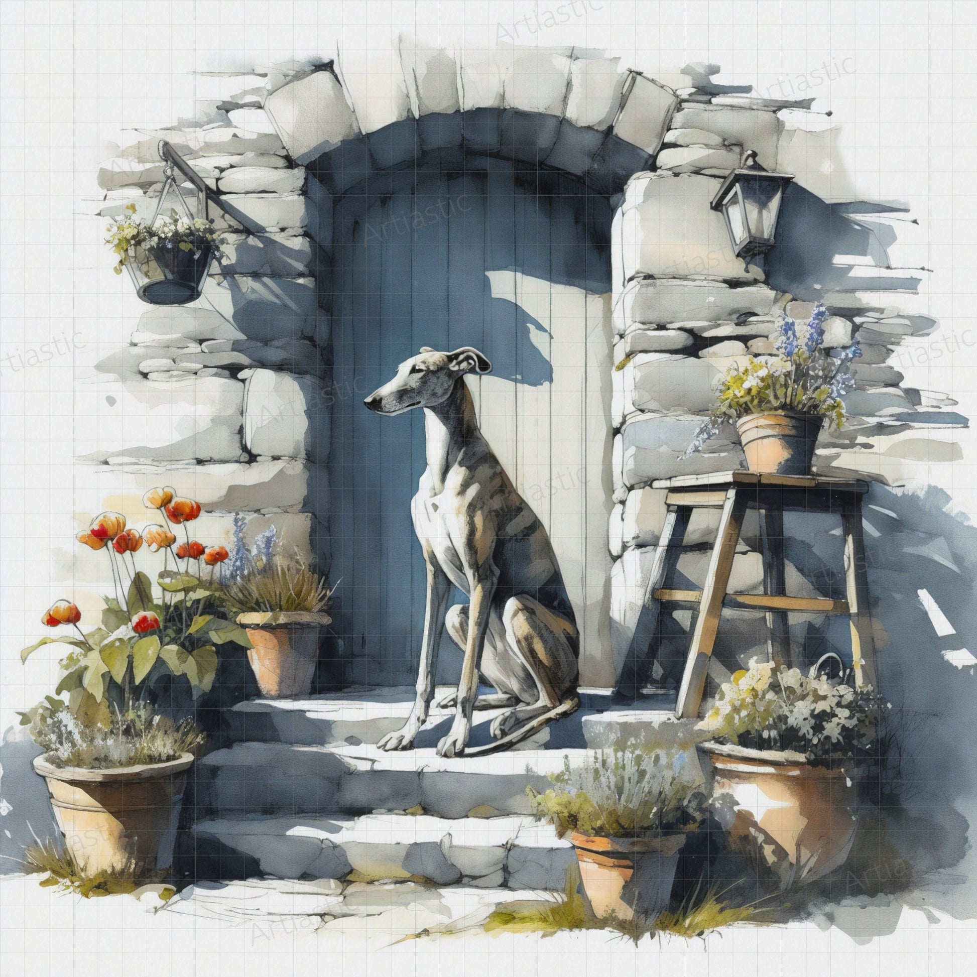 greyhound digital watercolor wall art ilustration