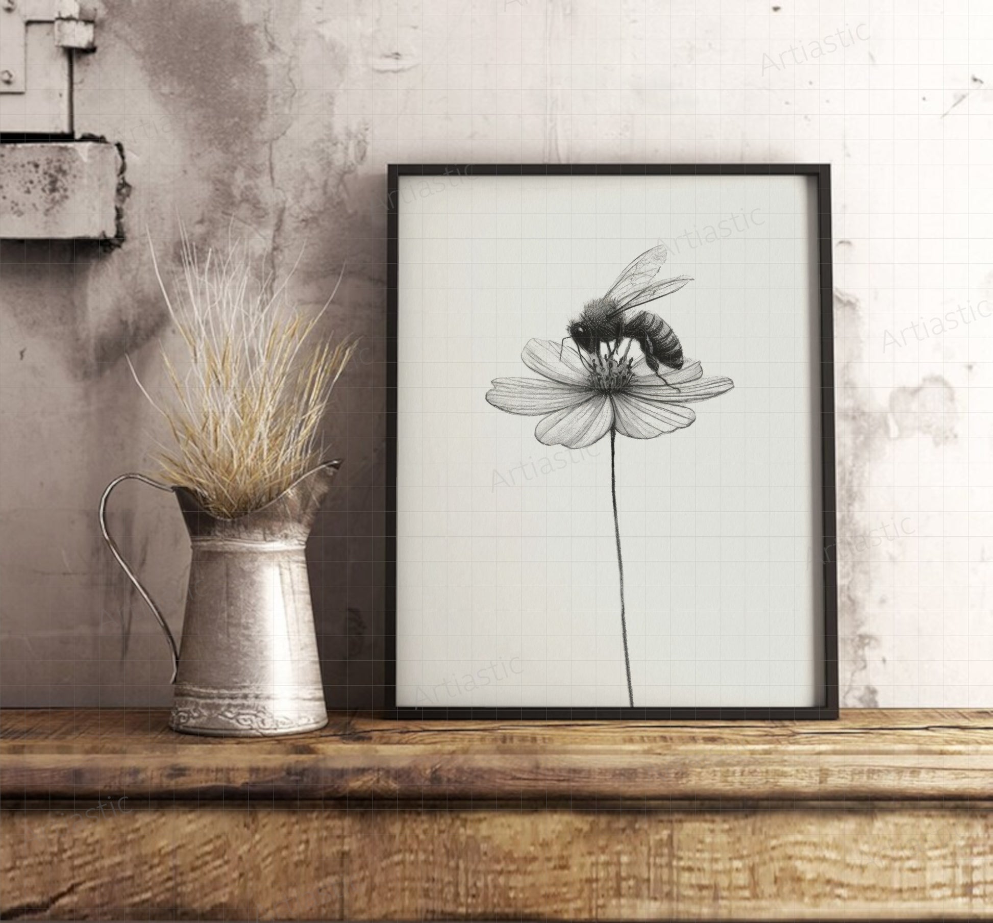 bee flower artwork charcoal wall art