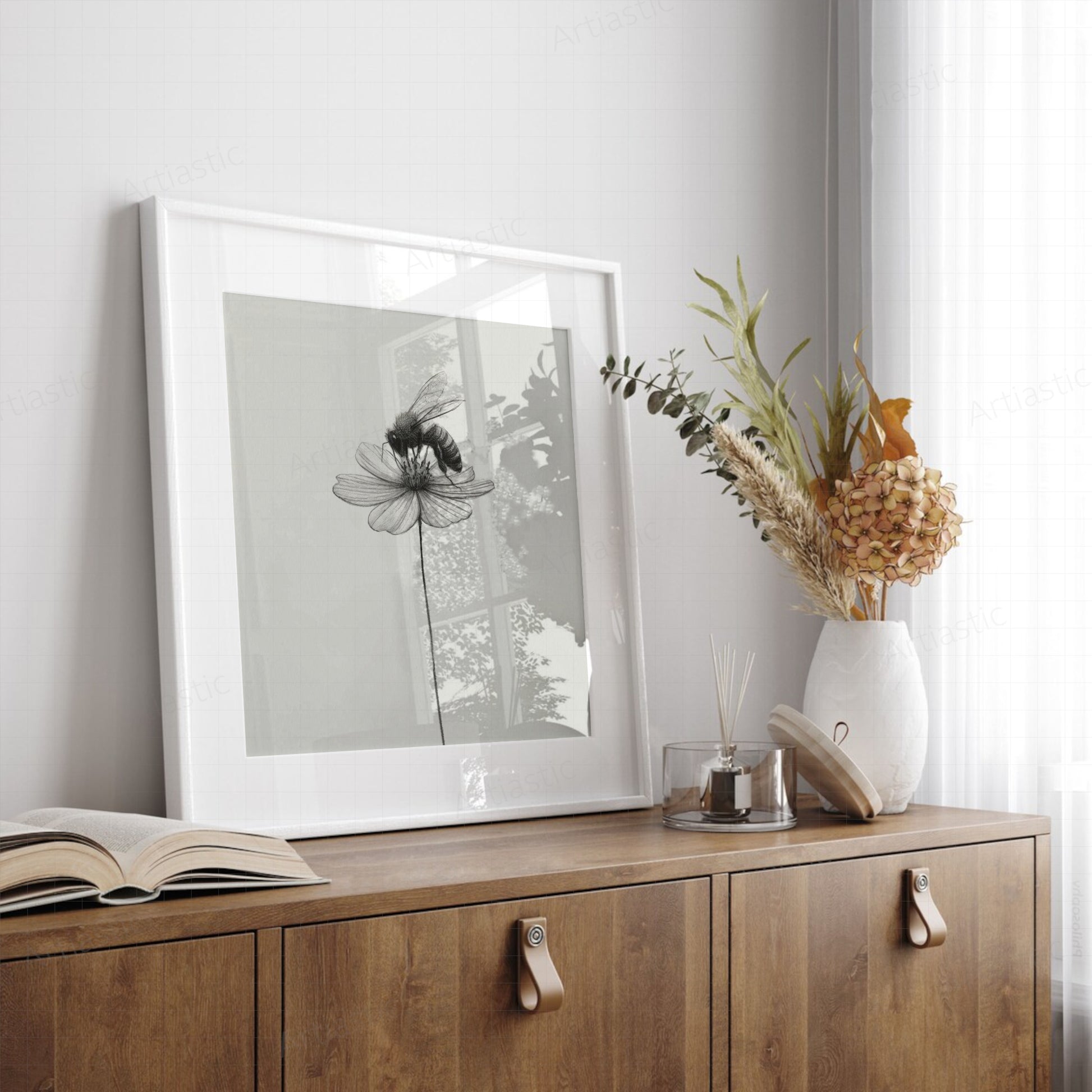 bee flower artwork charcoal framed