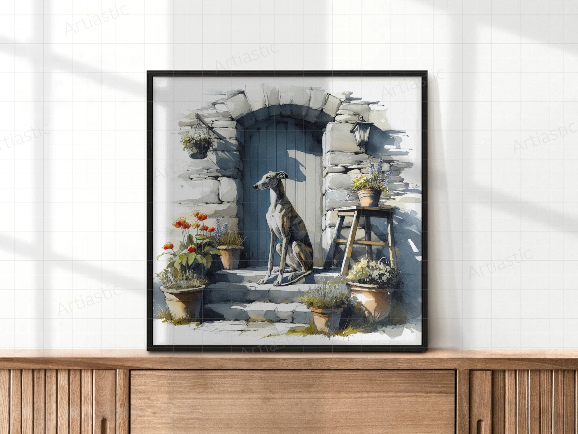 greyhound digital watercolor wall art print framed