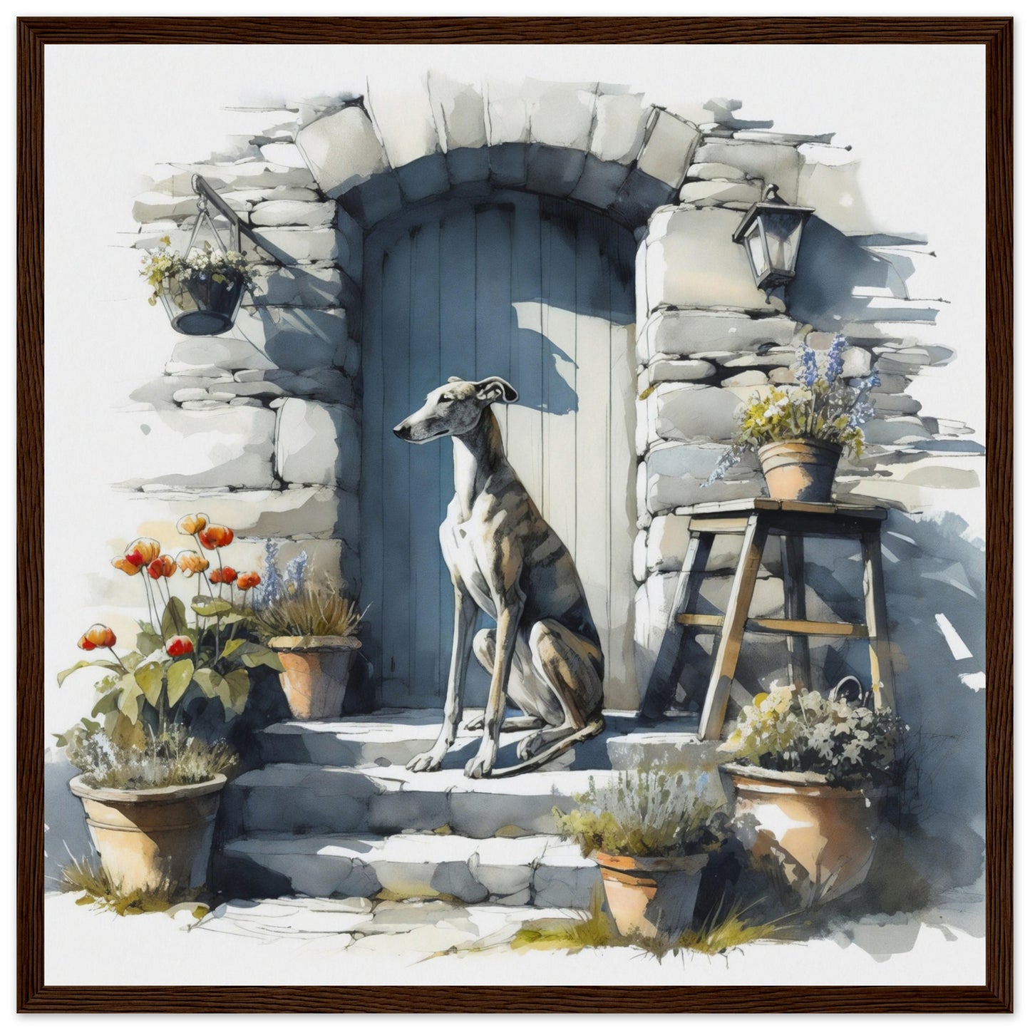 greyhound digital watercolor wall art framed print