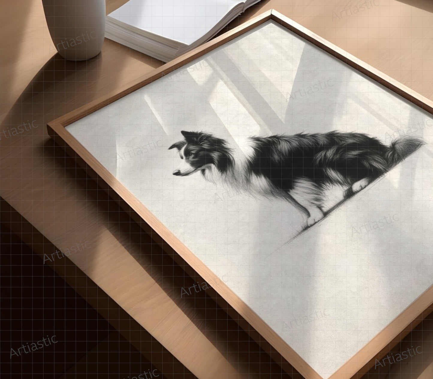 Dibujo minimalista de un perro Border Collie imprimible al carboncillo