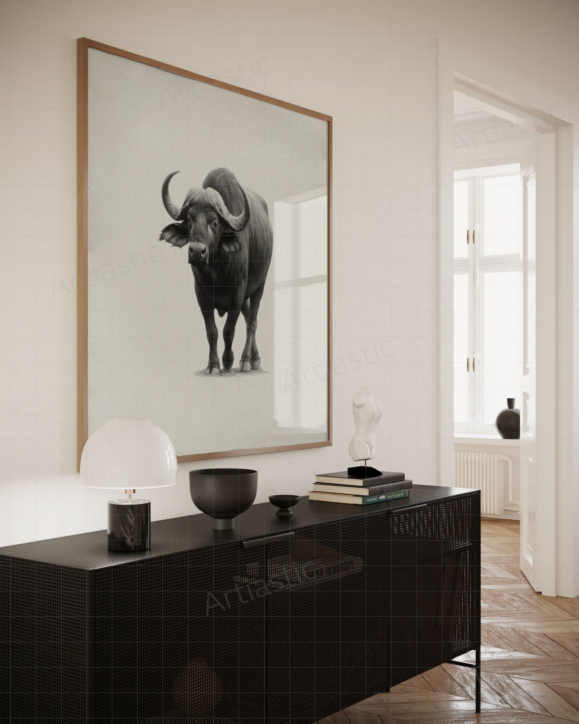 charcoal drawing of an african buffalo room art