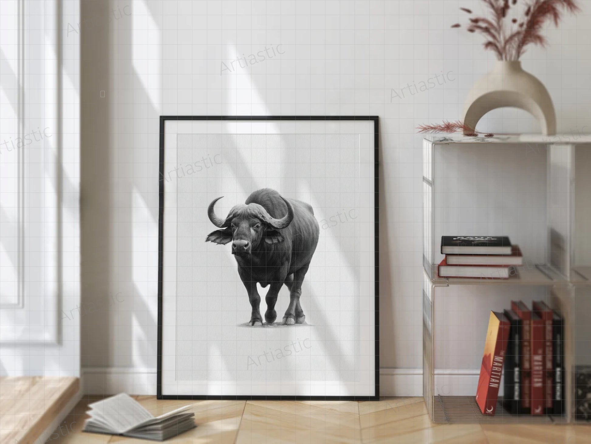 charcoal drawing of an african buffalo frame