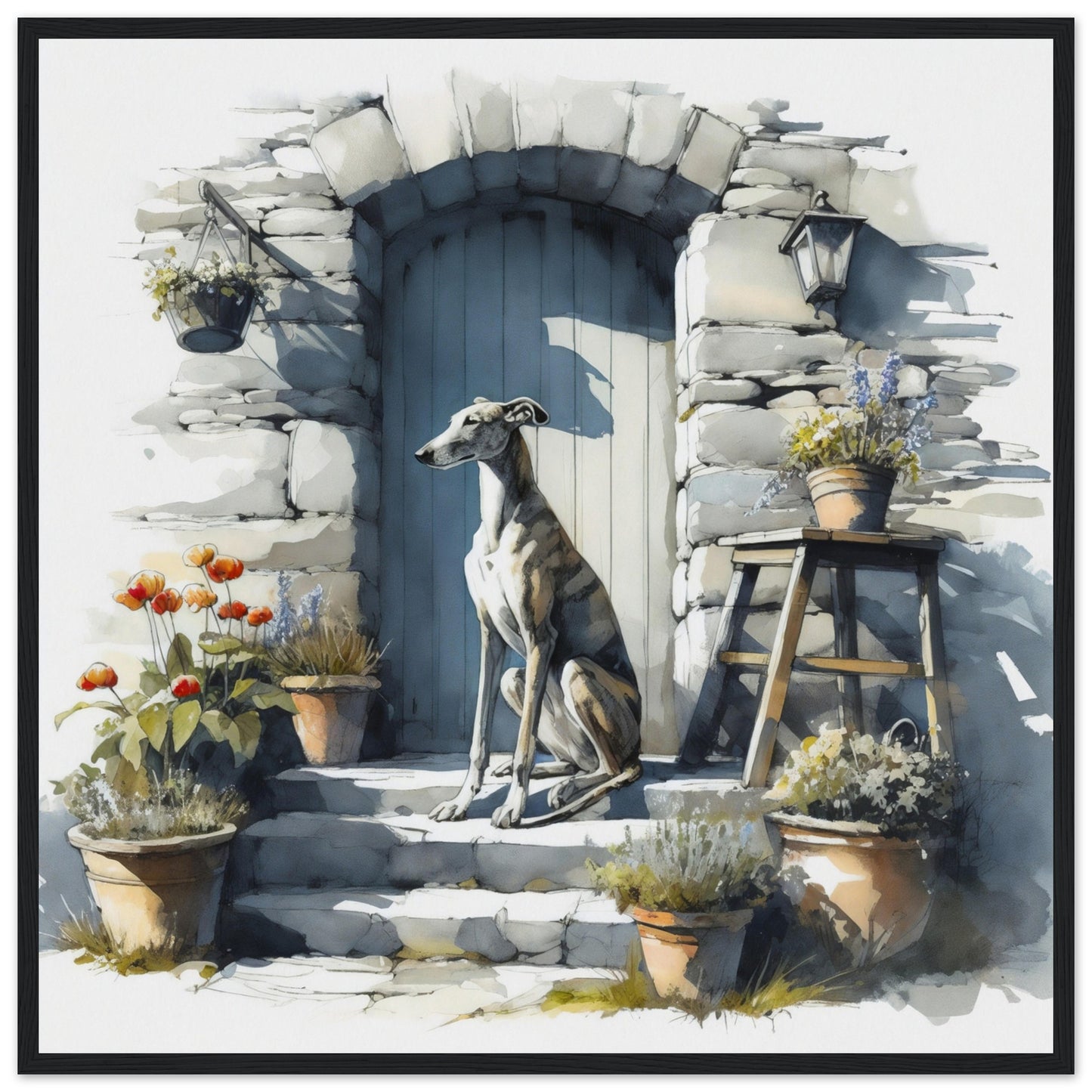 greyhound digital watercolor wall art dark framed  print