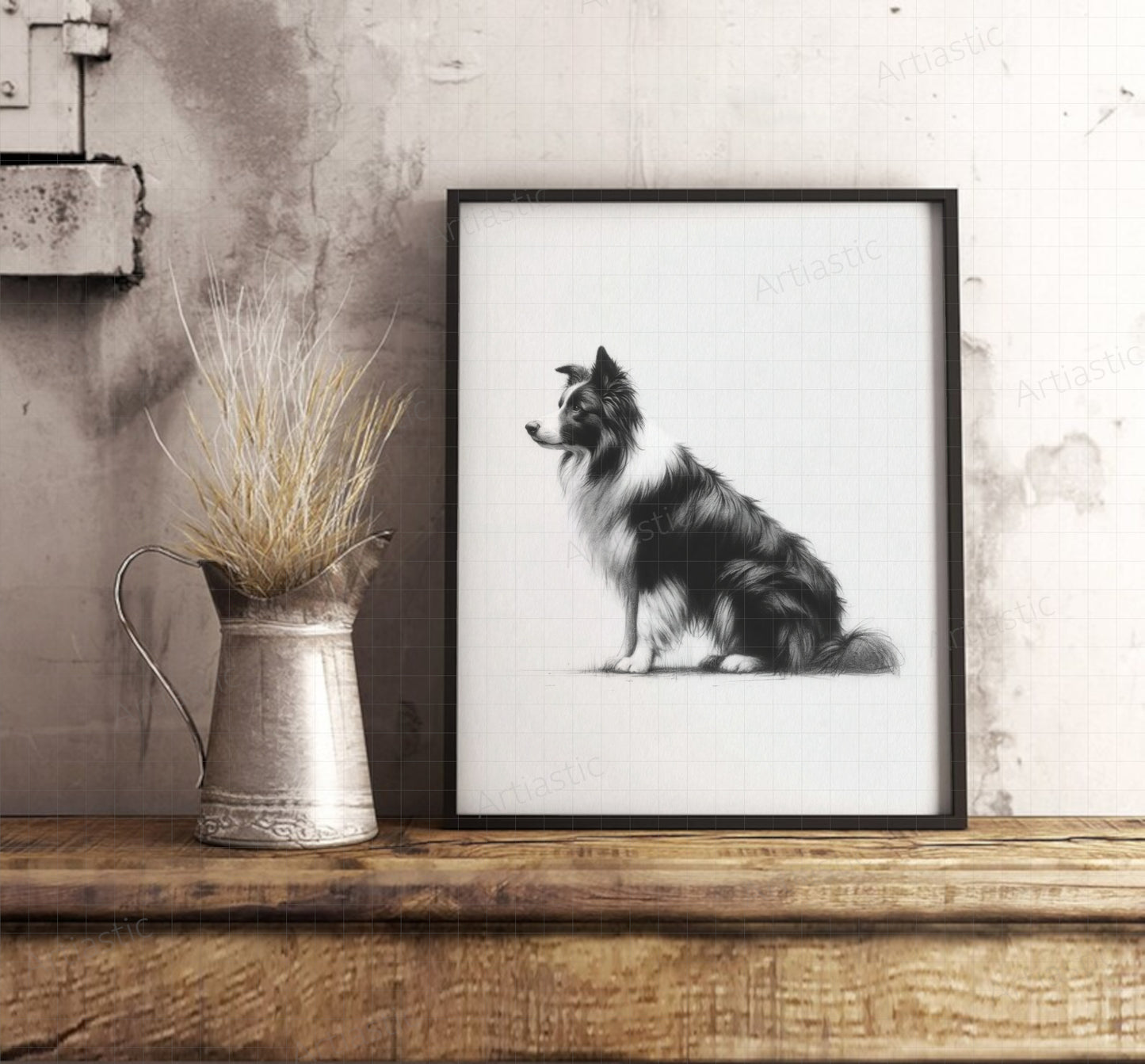 printable wall art charcoal border collie dog artistic