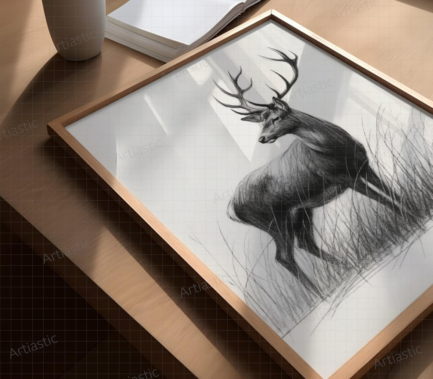 printable wall art of a deer in charcoal style