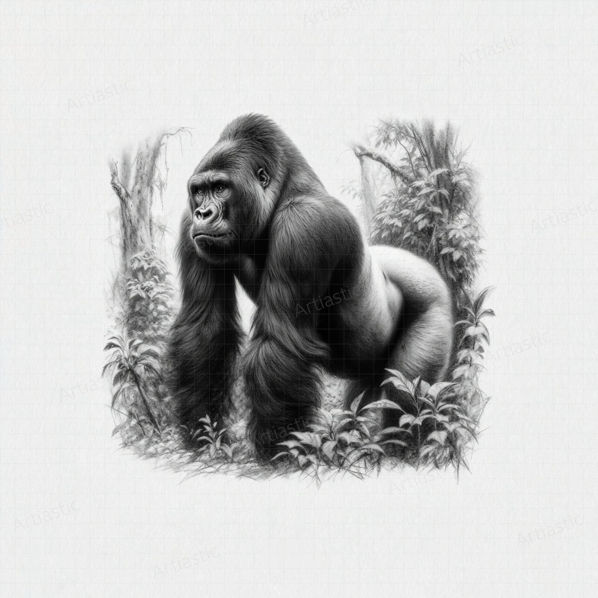 digital charcoal drawing of a silverback gorilla