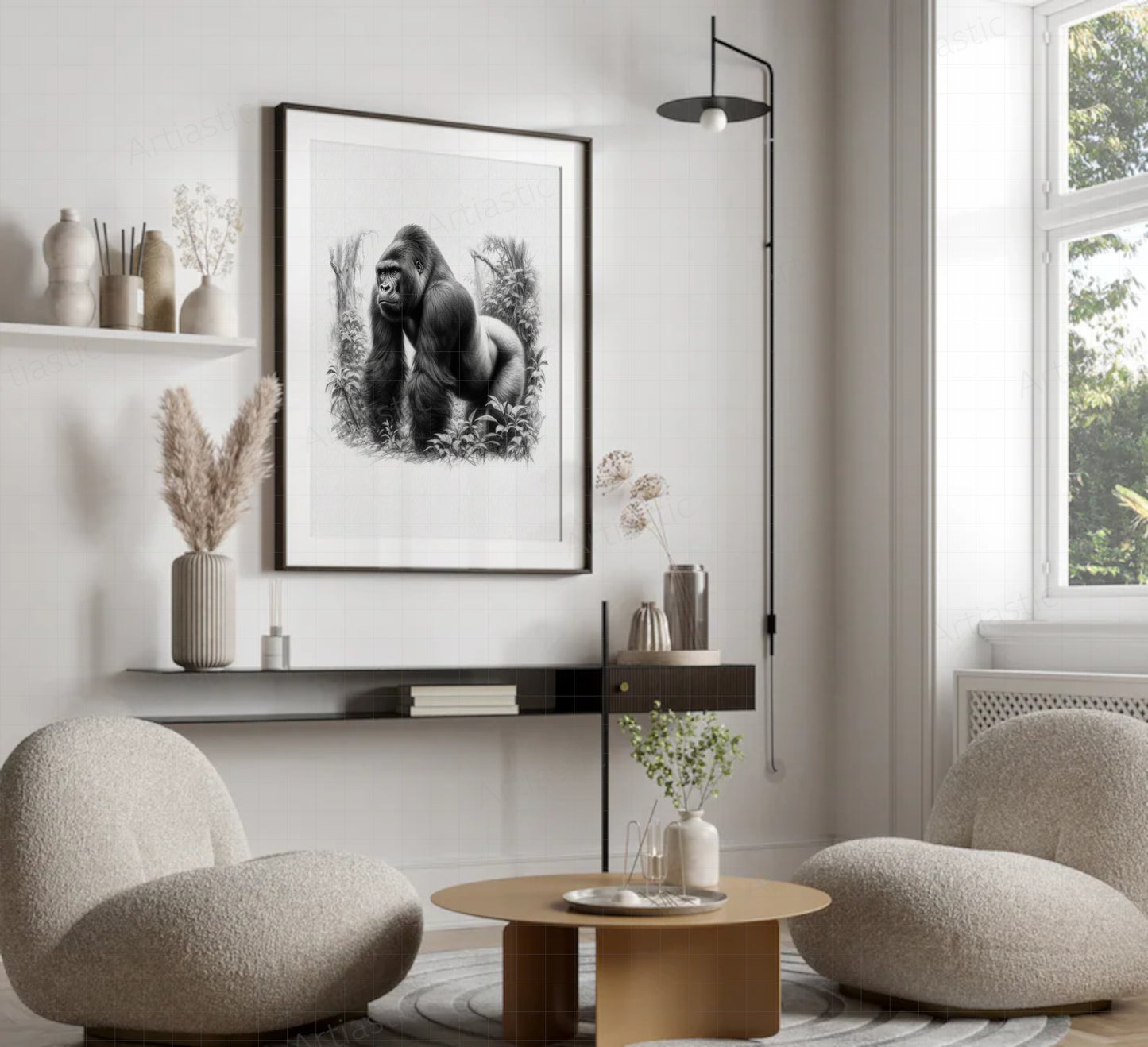 digital charcoal drawing of a silverback gorilla framed