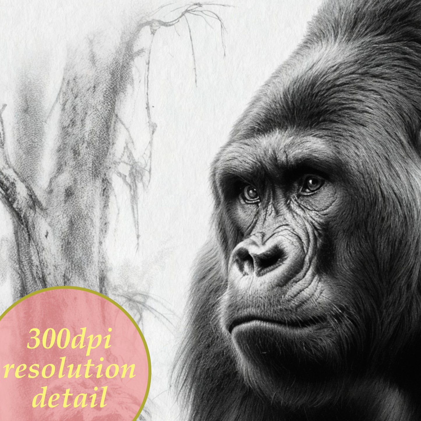 digital charcoal drawing of a silverback gorilla detail