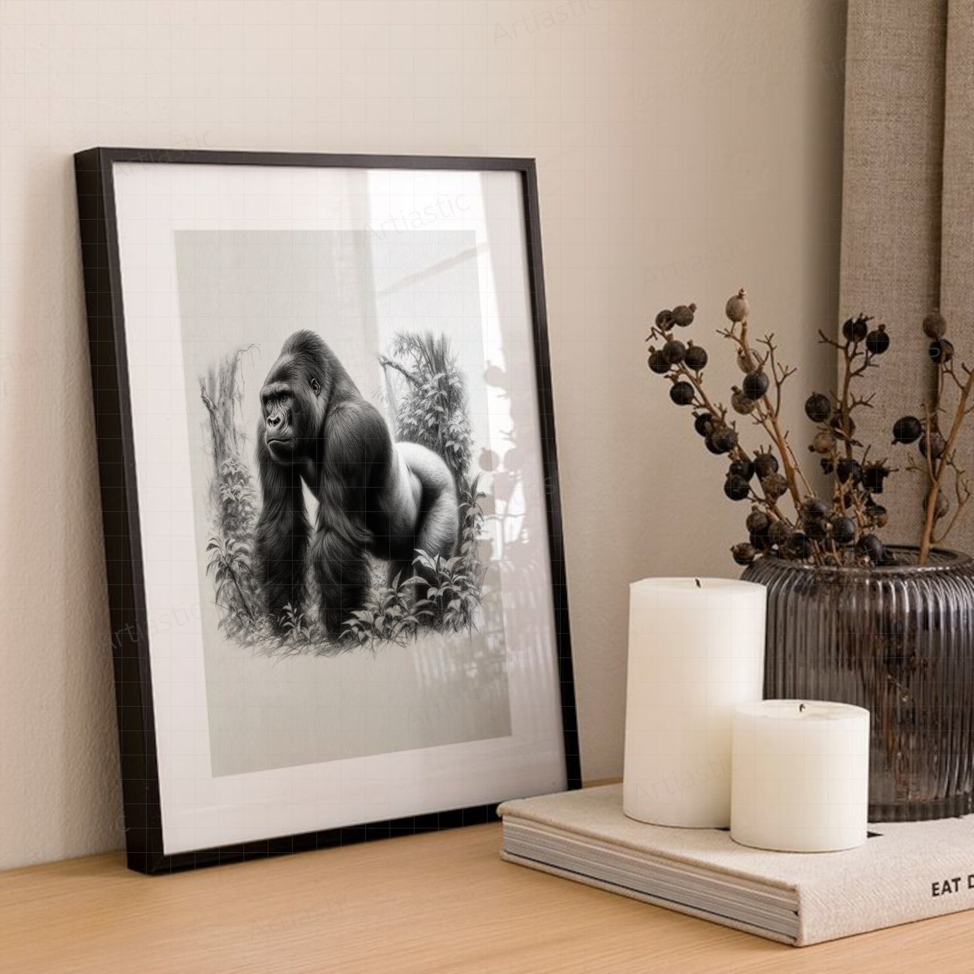 digital charcoal drawing of a silverback gorilla wall art