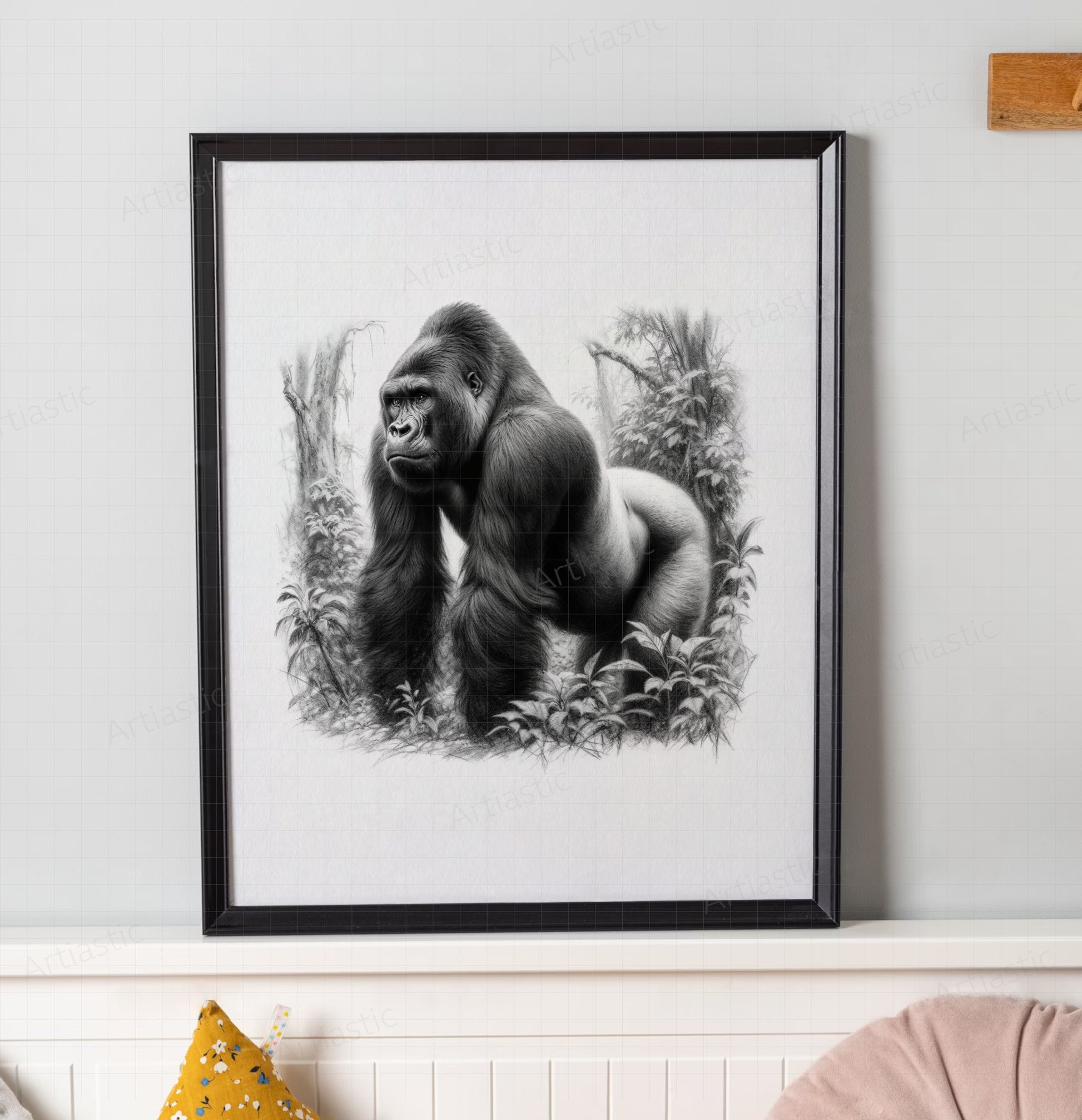 digital charcoal drawing of a silverback gorilla wall art decor