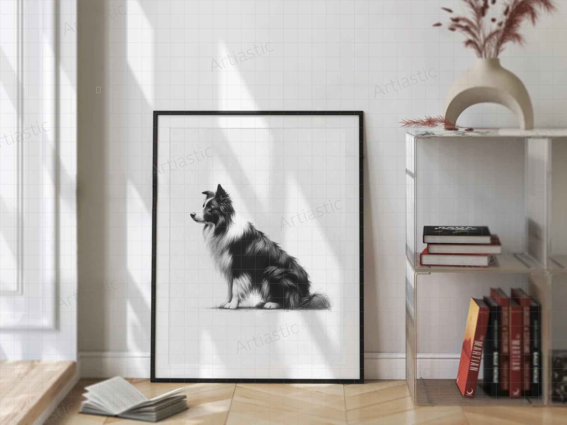 printable wall art charcoal border collie dog artiastic