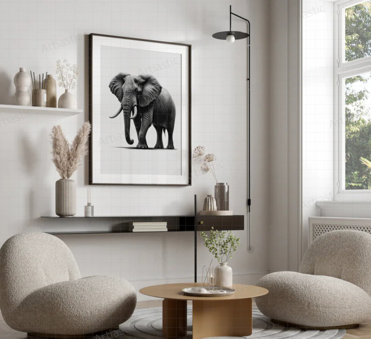 charcoal drawing printable elephant room wall art