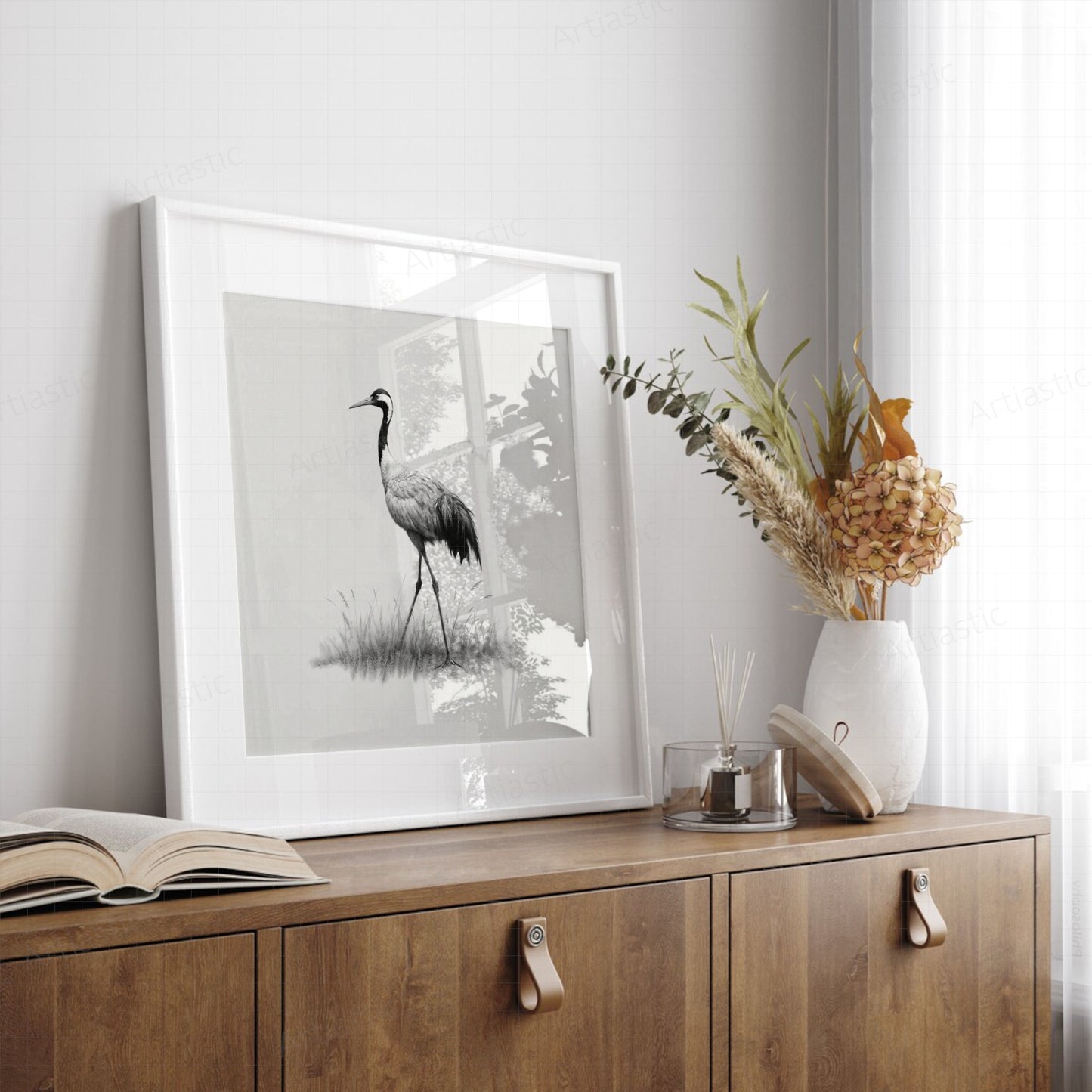 digital charcoal drawing of a crane framed